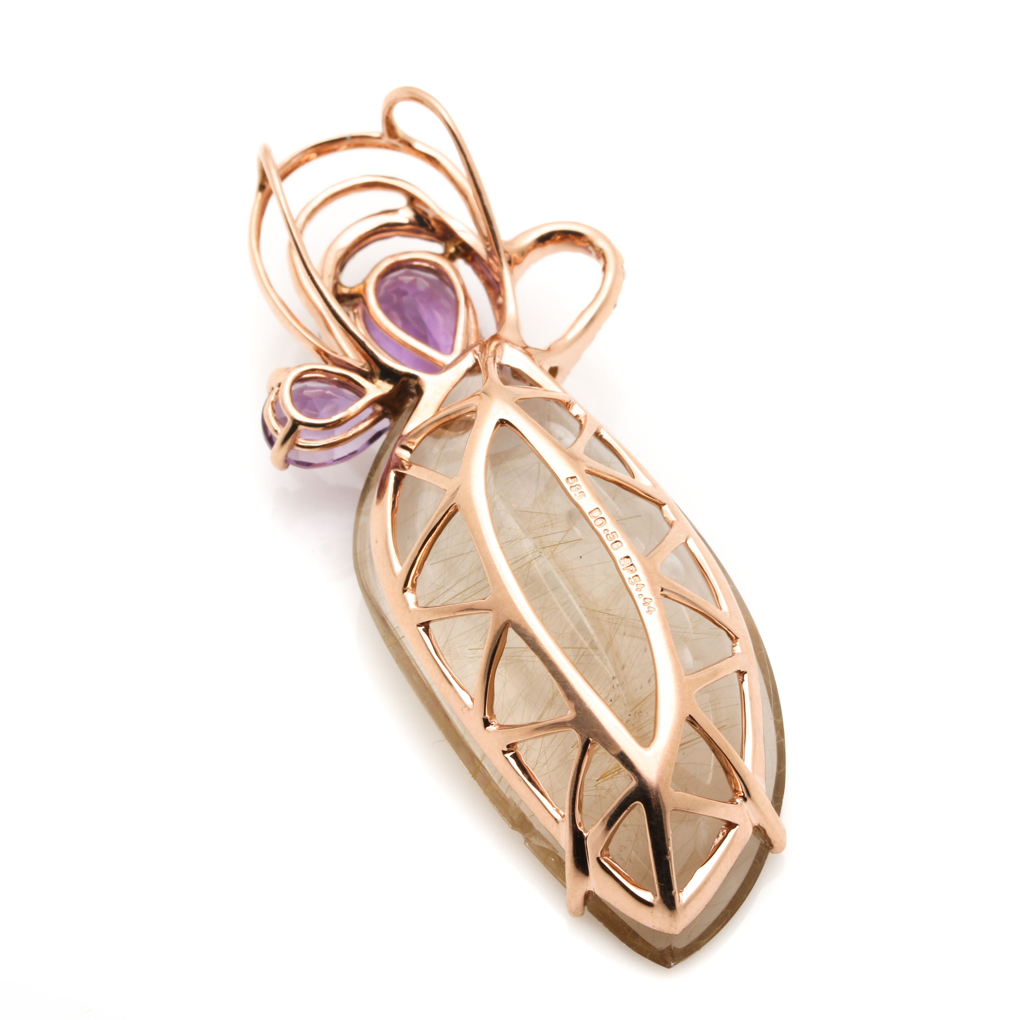 14K Rose Gold Rutilated Quartz, Amethyst, and Diamond Pendant