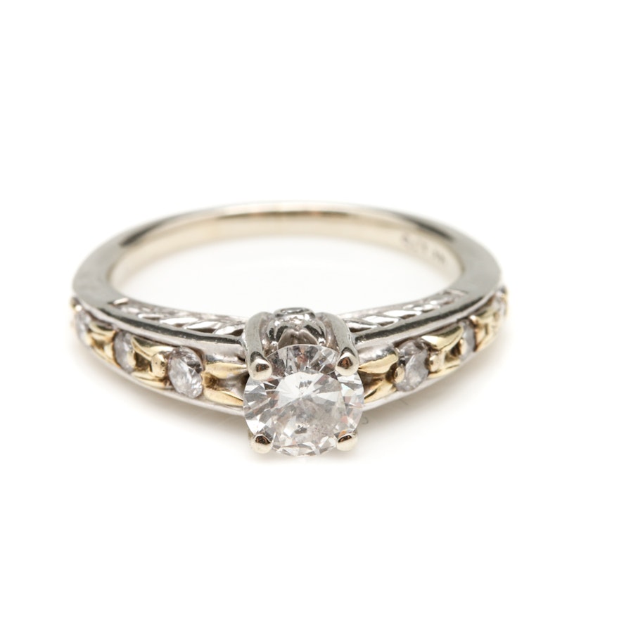 14K White Gold Diamond Ring with Yellow Gold Accents