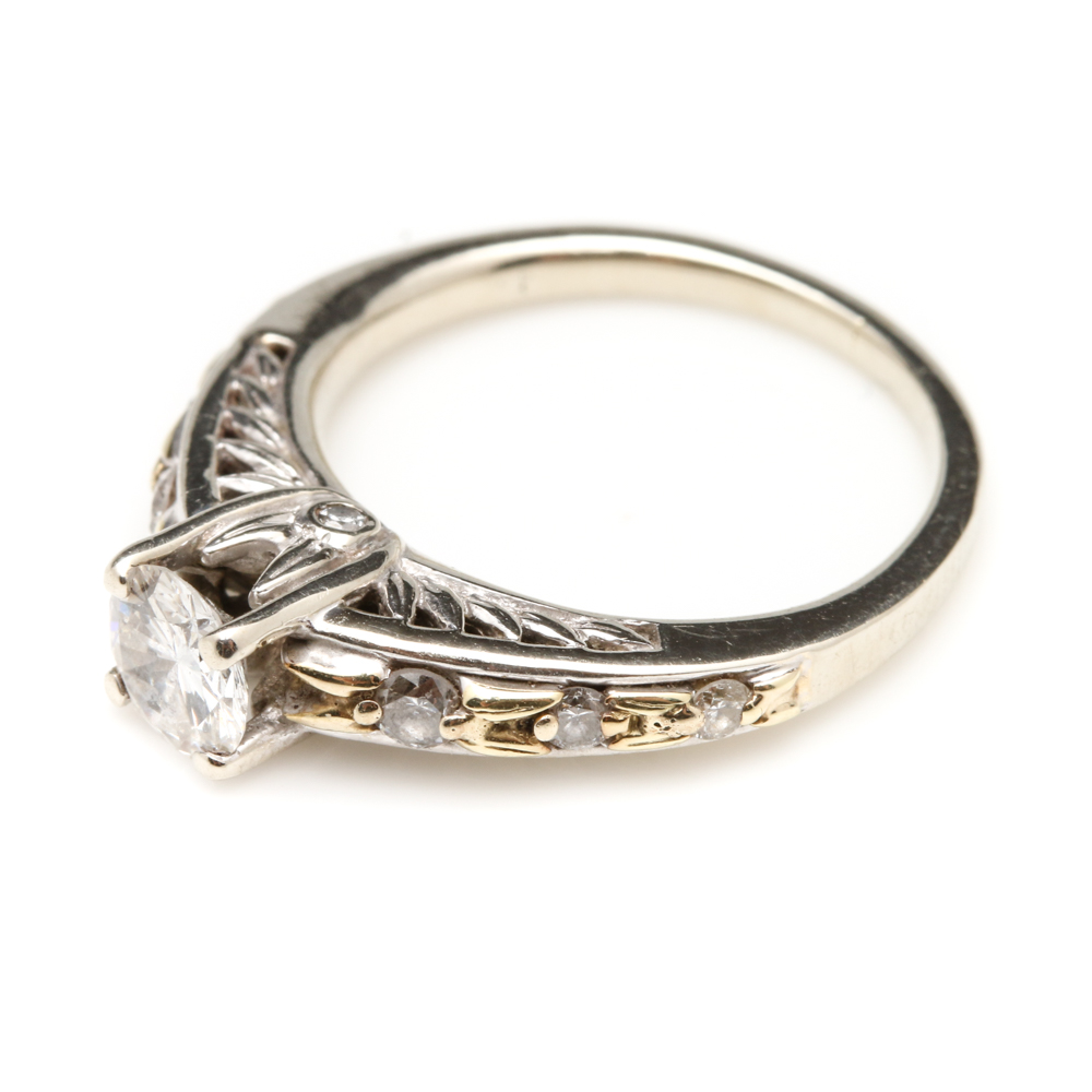 14K White Gold Diamond Ring with Yellow Gold Accents
