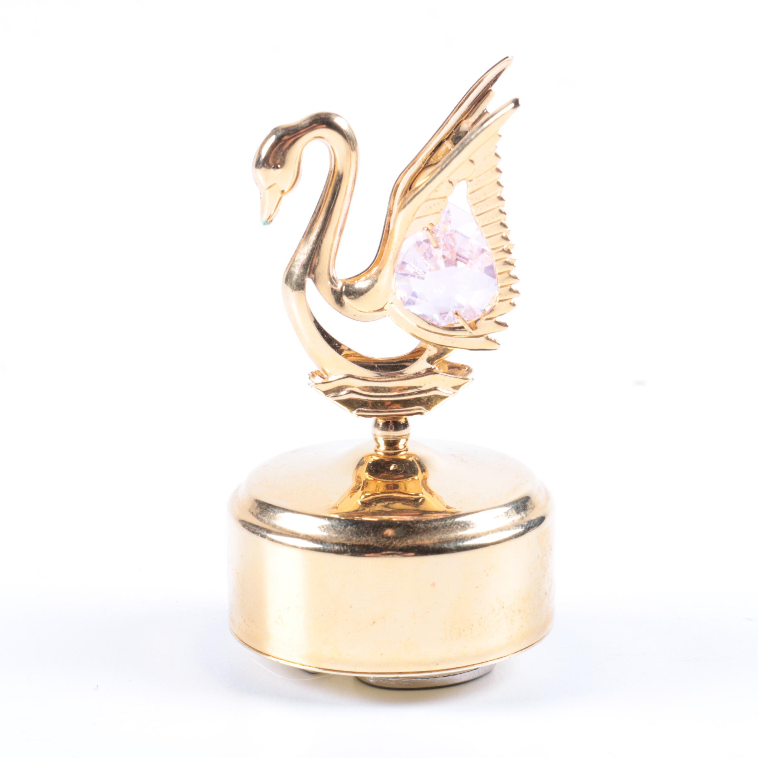 24K Gold Plated Swan Lake Music Box with Austrian Crystal