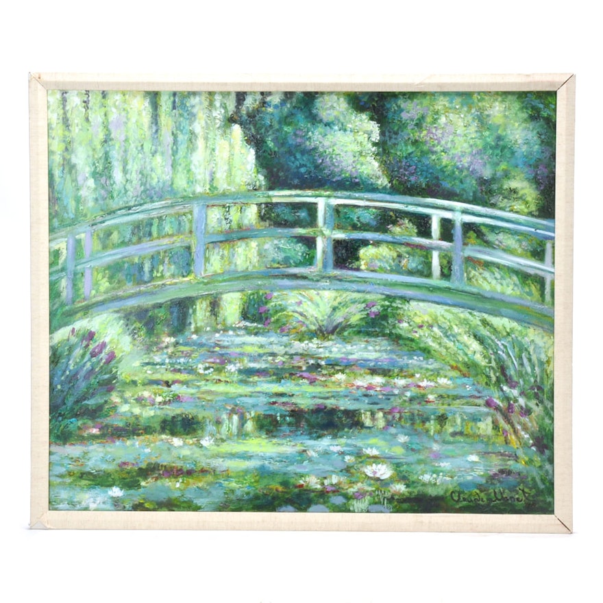 Hand Embellished Giclee Print on Canvas after Claude Monet "Japanese Bridge"