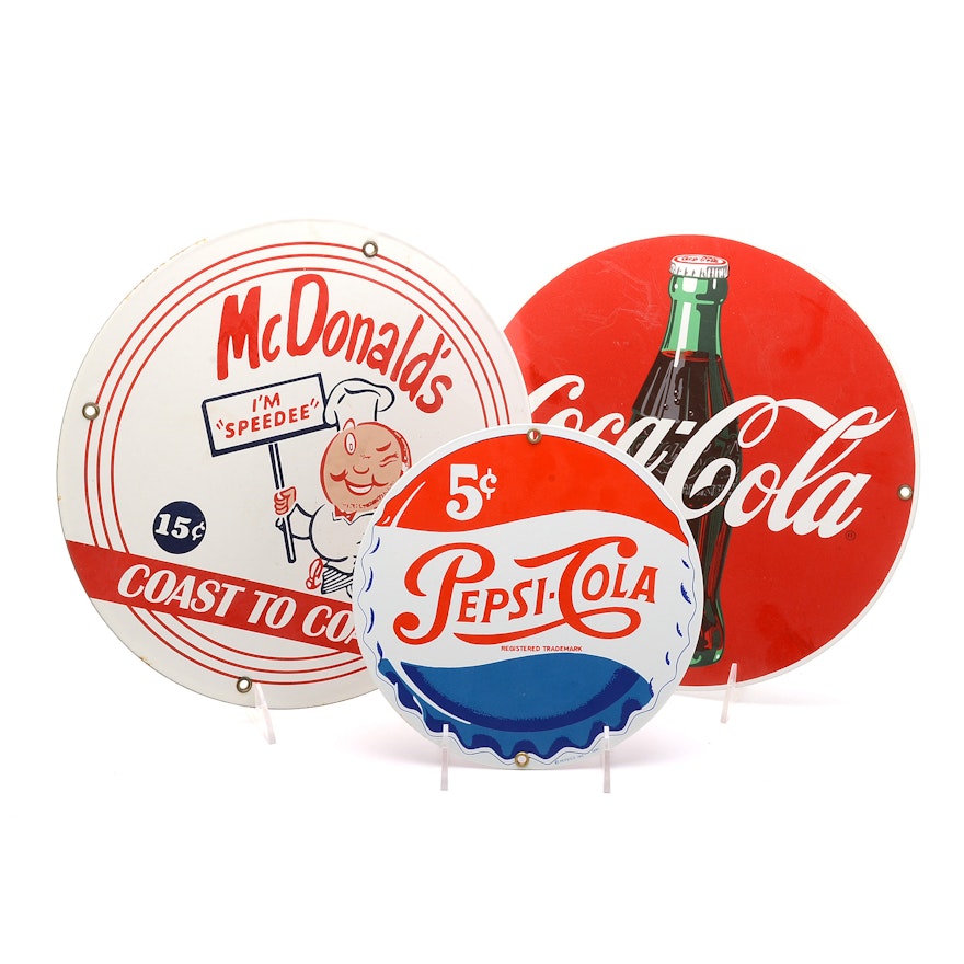 Ande Rooney Porcelain Advertising Signs Including Coca-Cola and Pepsi