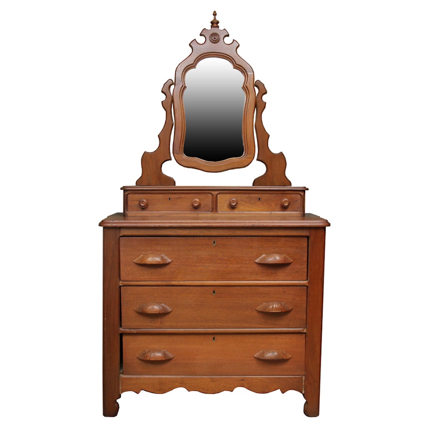 Antique American Victorian Walnut Chest of Drawers with Mirror