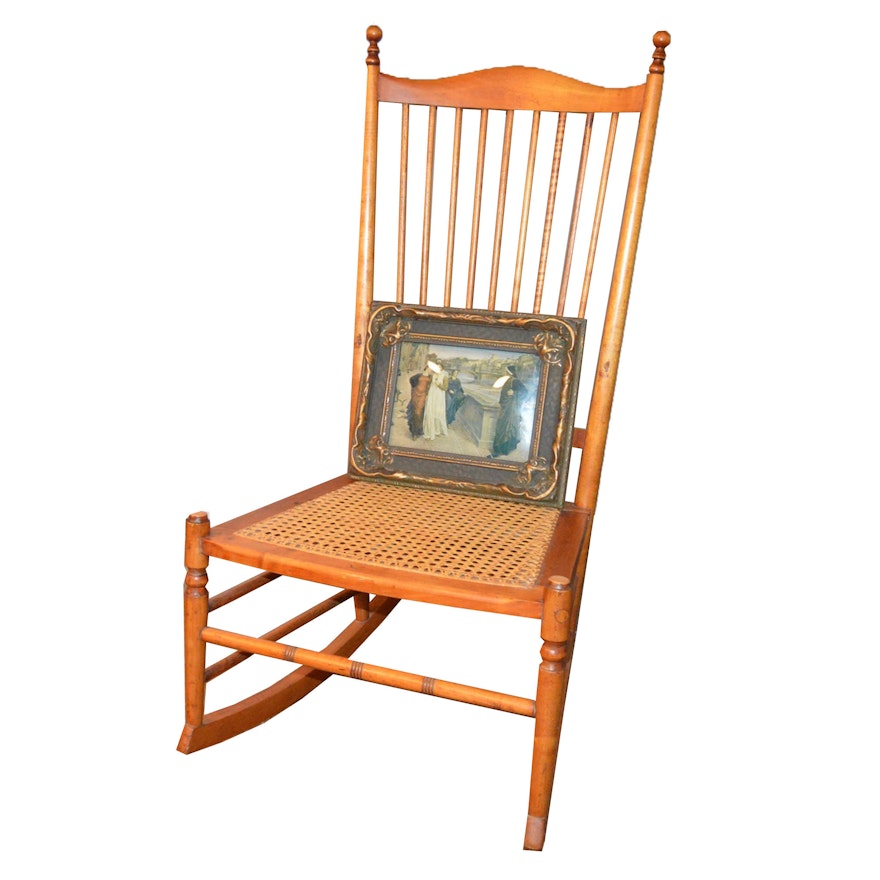 Vintage Cane Rocking Chair and Framed Color Etching