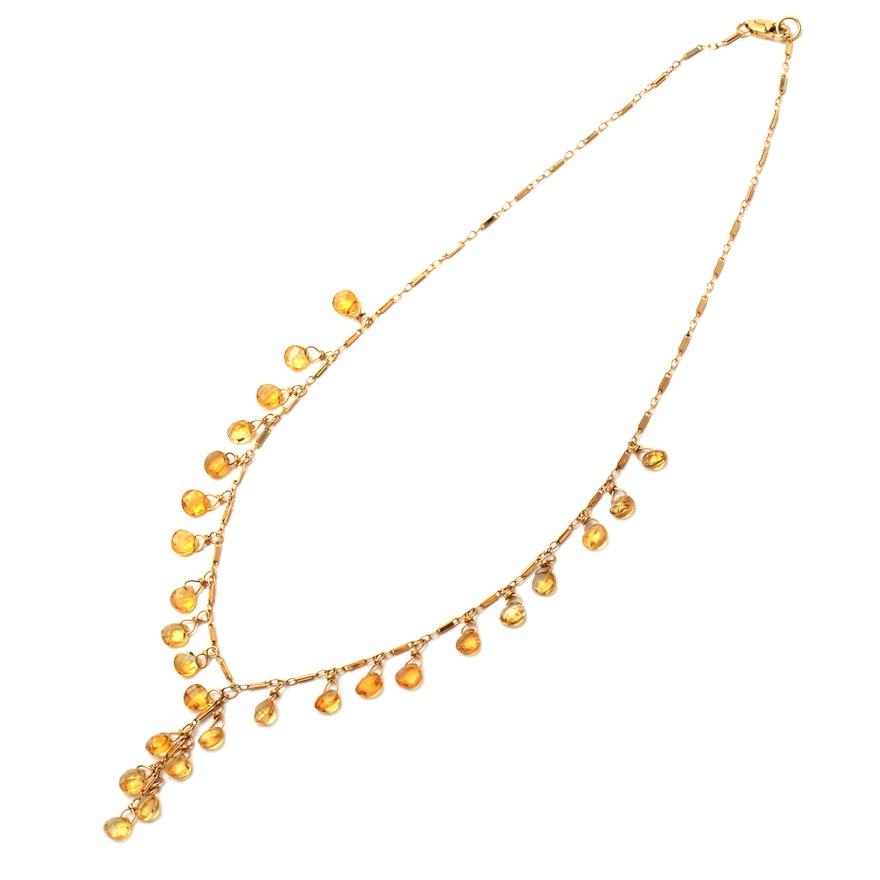 14K Yellow Gold Citrine Briolette Drop Necklace
