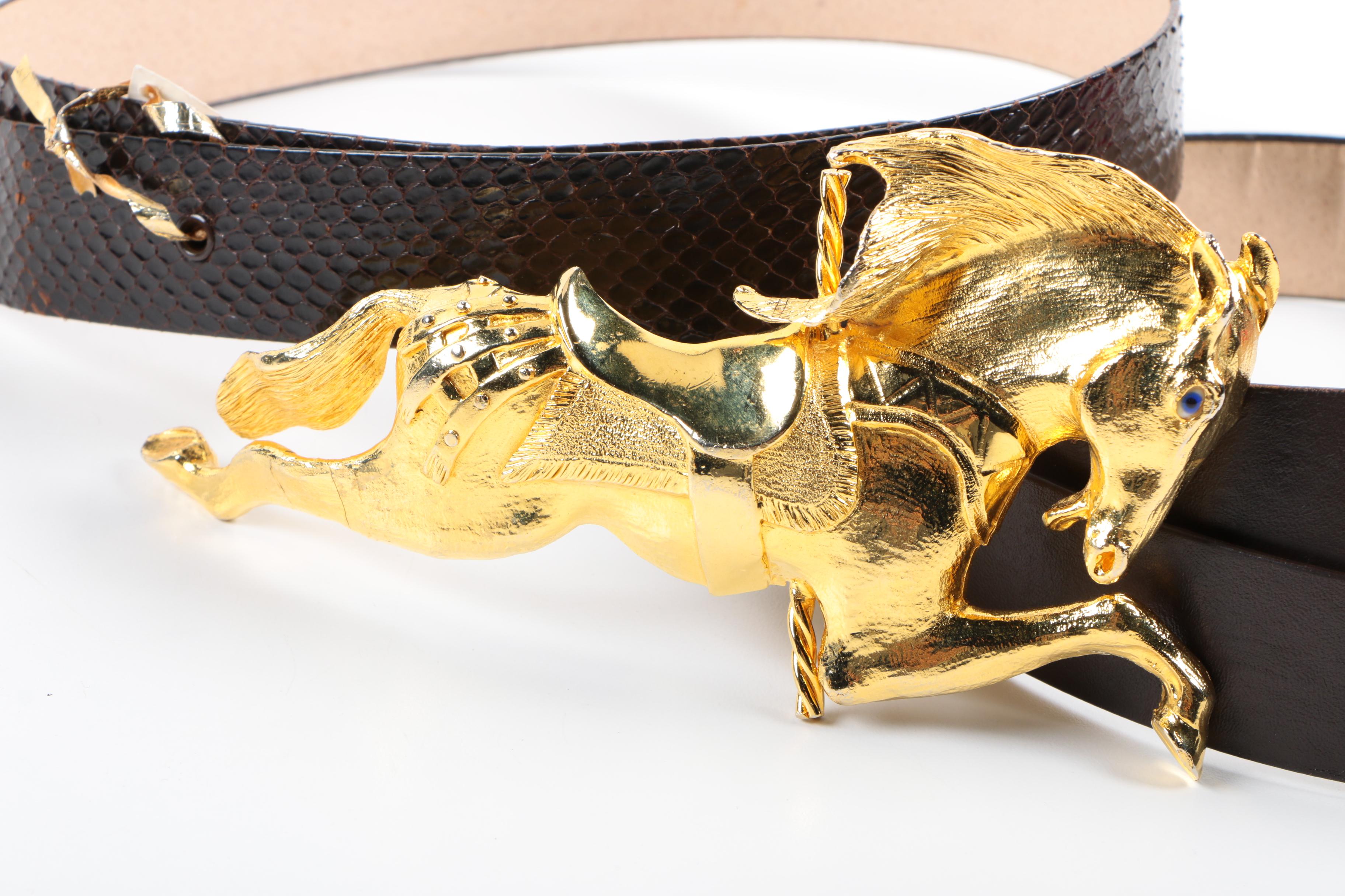 1989 Christopher Ross Gold Plated Carousel Horse Belt Buckle and Leather Belts