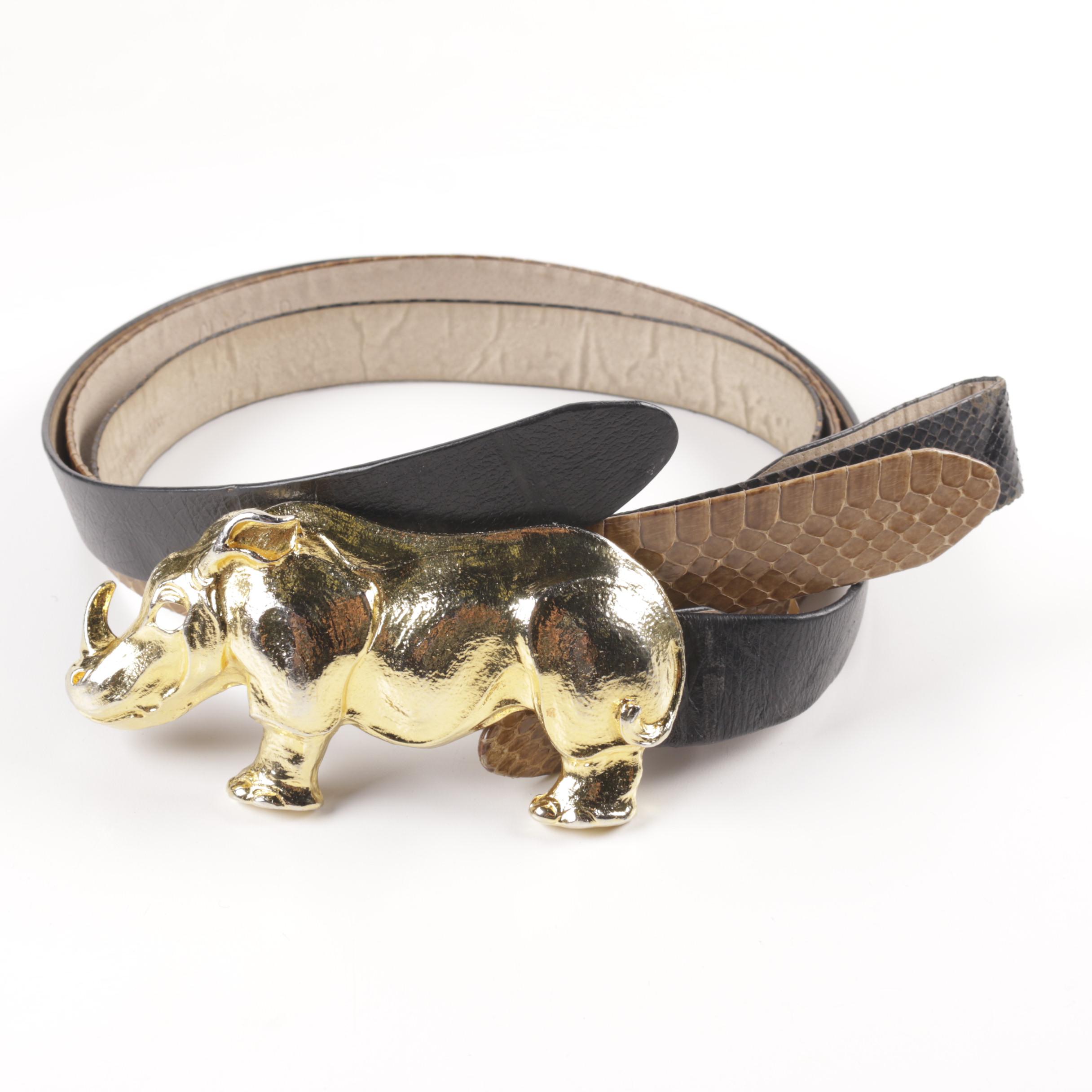 1993 Christopher Ross Gold Plated Rhinoceros Belt Buckle and Three Leather Belts