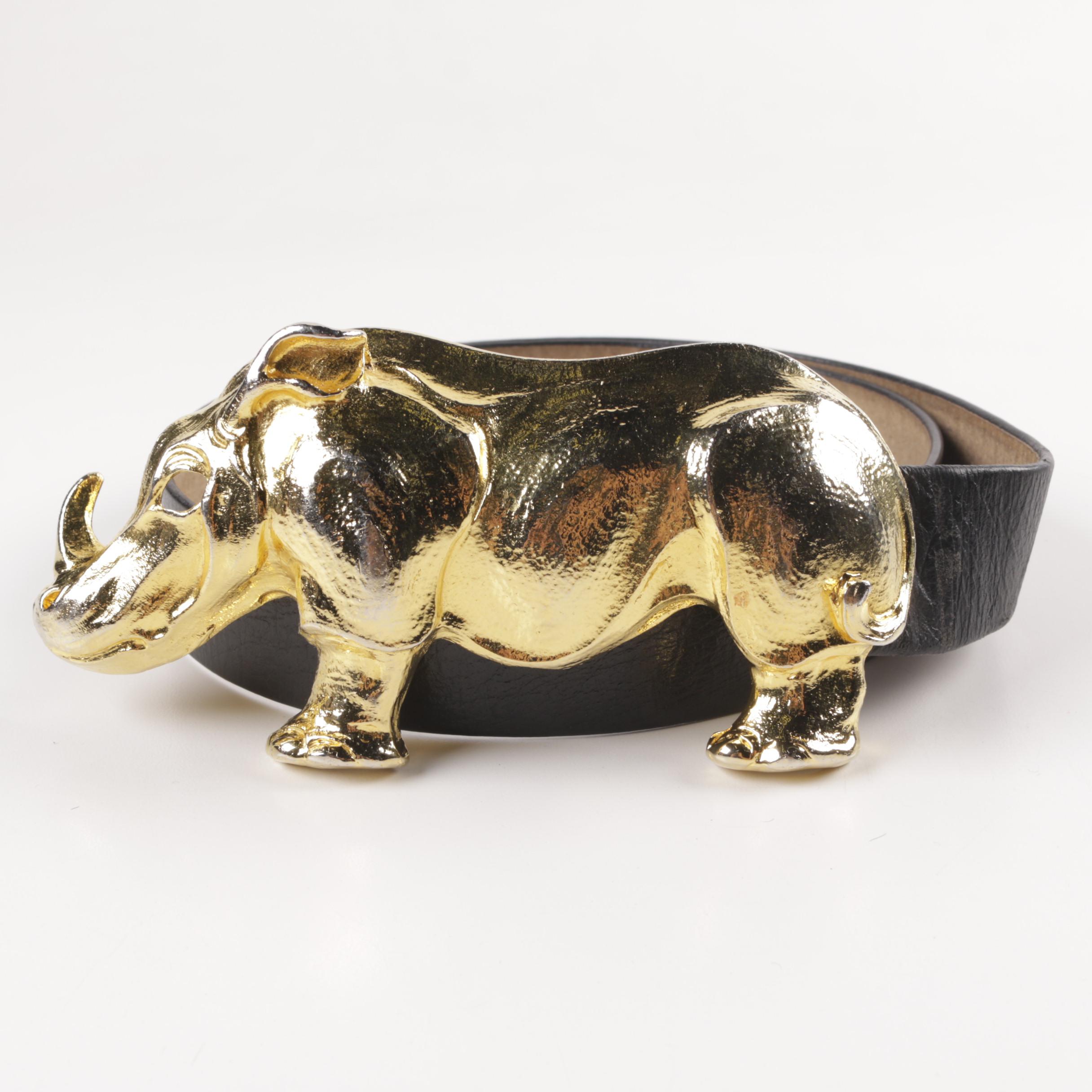 1993 Christopher Ross Gold Plated Rhinoceros Belt Buckle and Three Leather Belts