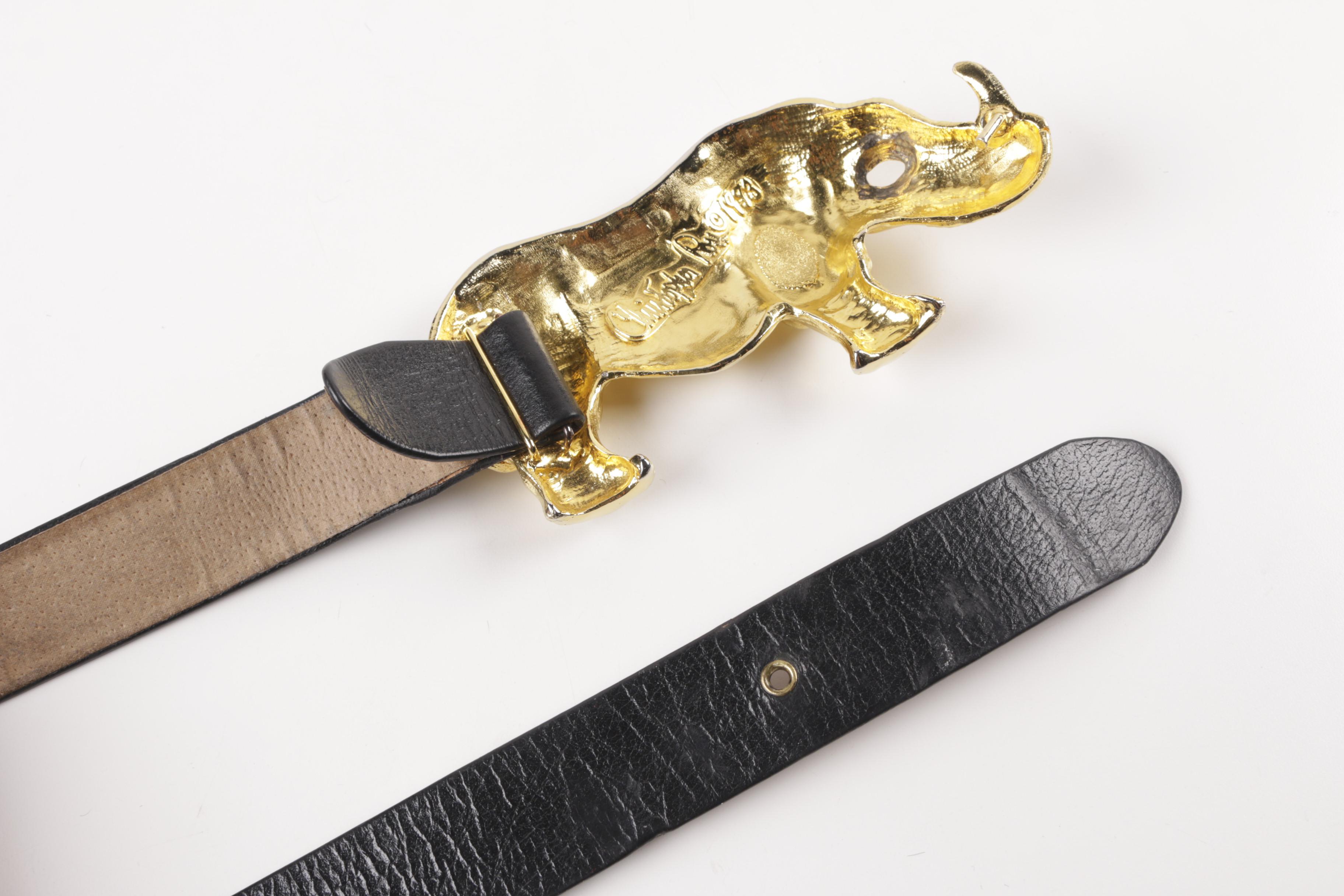 1993 Christopher Ross Gold Plated Rhinoceros Belt Buckle and Three Leather Belts