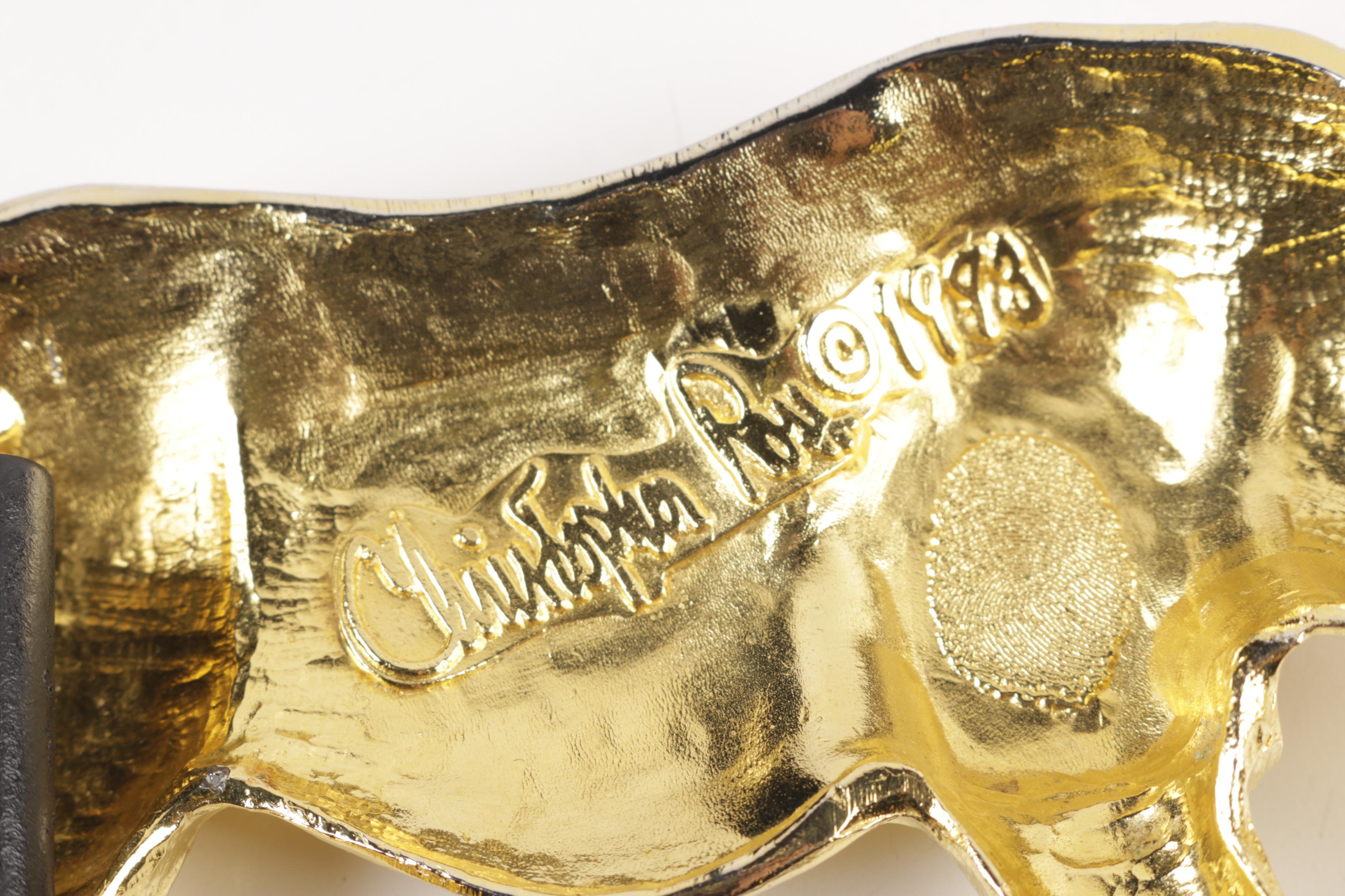 1993 Christopher Ross Gold Plated Rhinoceros Belt Buckle and Three Leather Belts