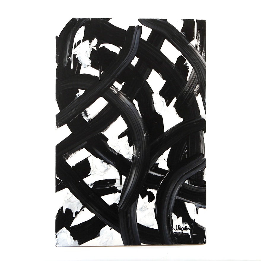 J. Popolin Signed Acrylic Painting "White Background, Black Curves"