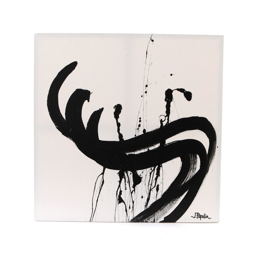 J. Popolin Acrylic Painting on Canvas "Square with Black Swirls"