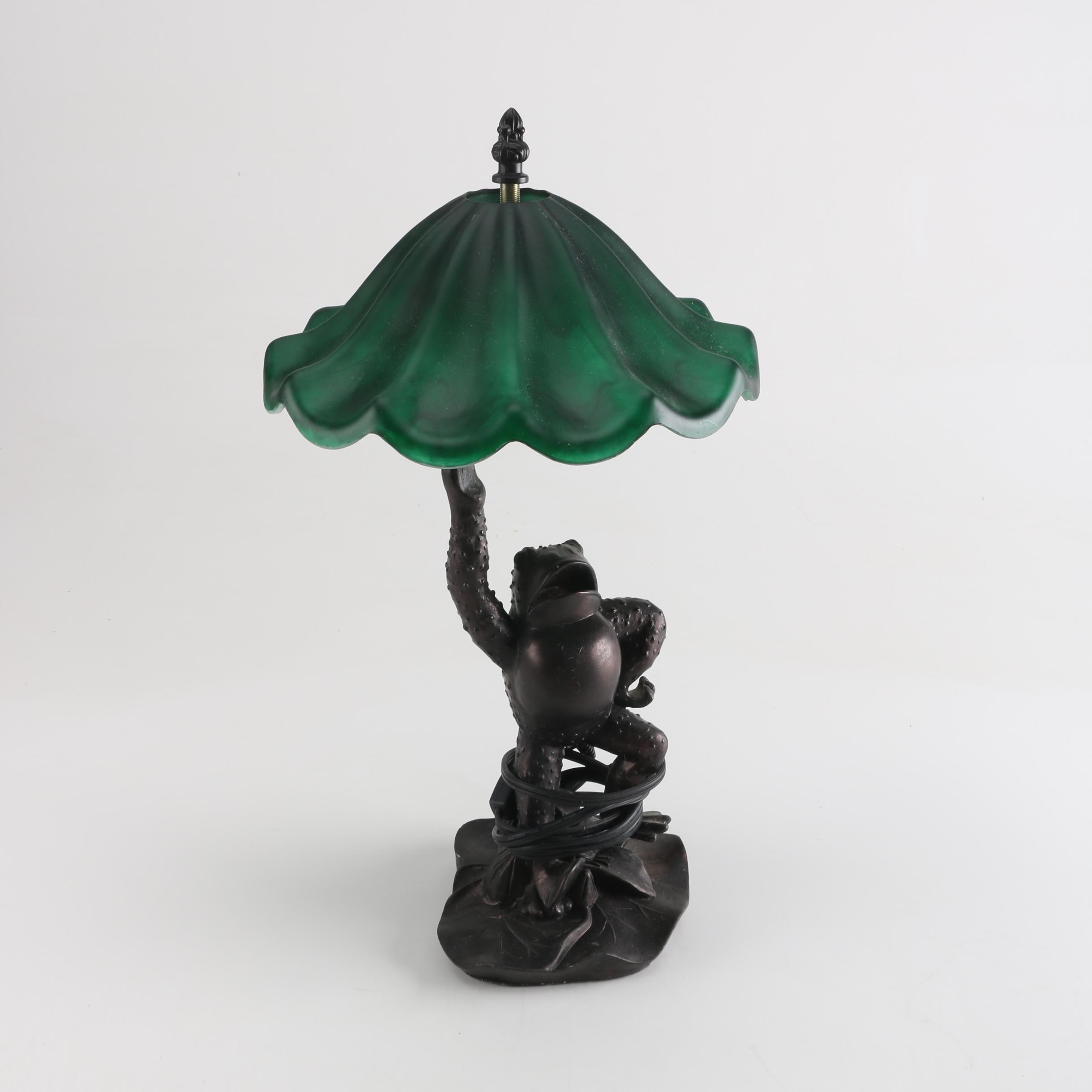 Frog Lamp with Green Glass Lily Pad Shade