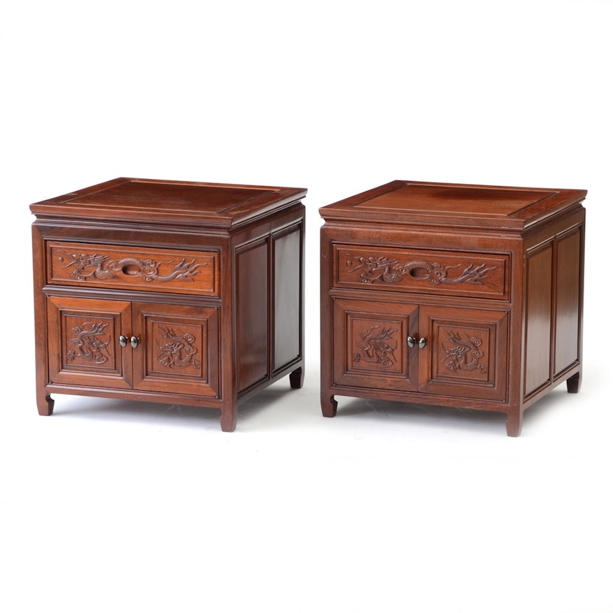Pair of Asian Style End Tables with Dragon Motif