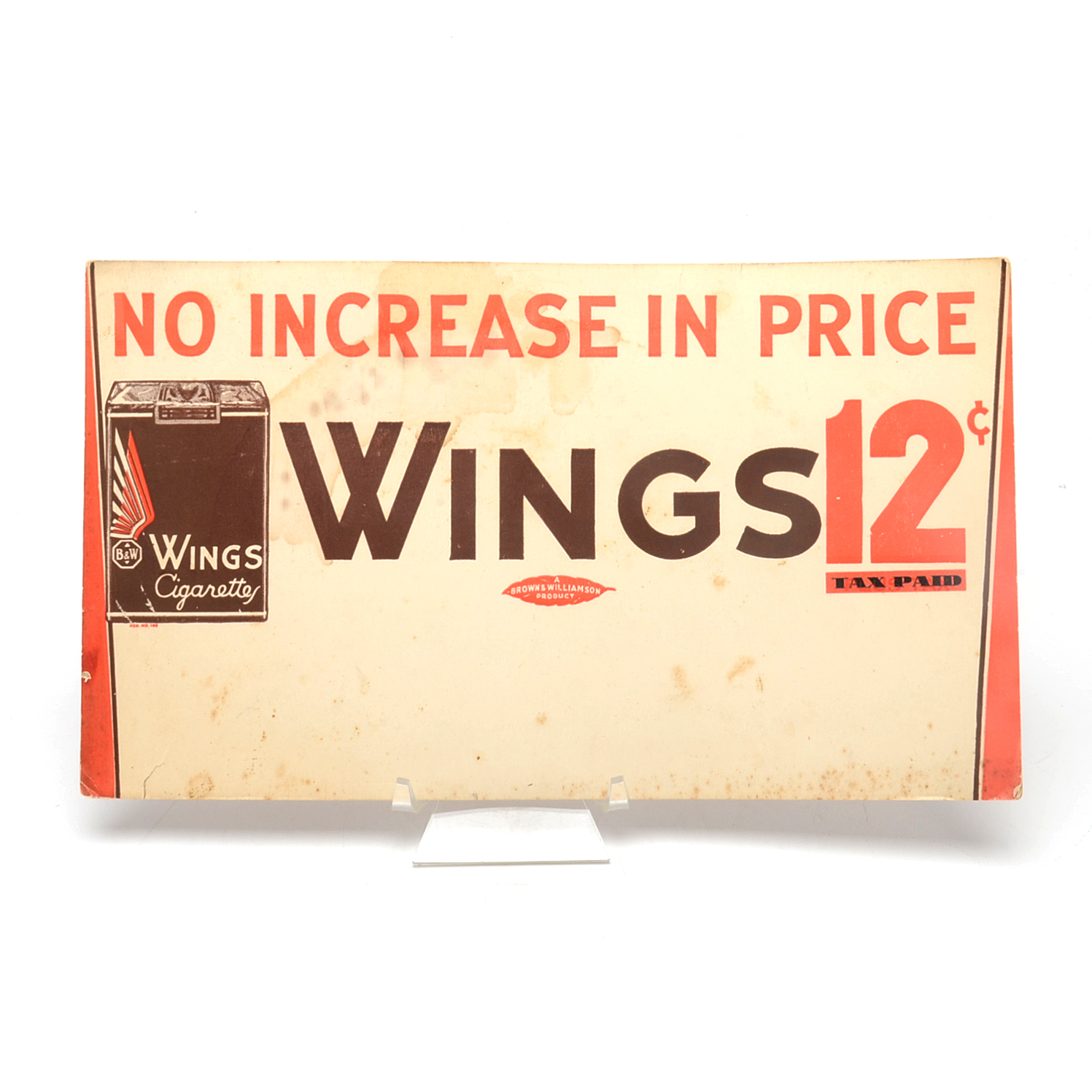 1930s "Wings Cigarettes" Cardboard Advertising Sign