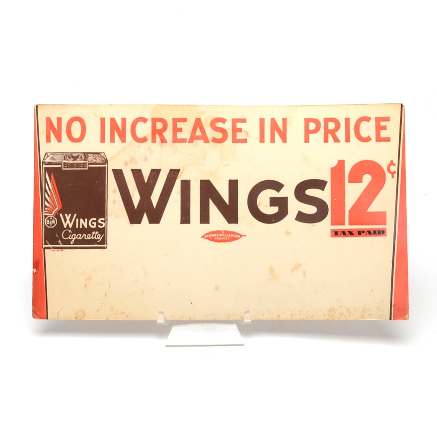 1930s "Wings Cigarettes" Cardboard Advertising Sign