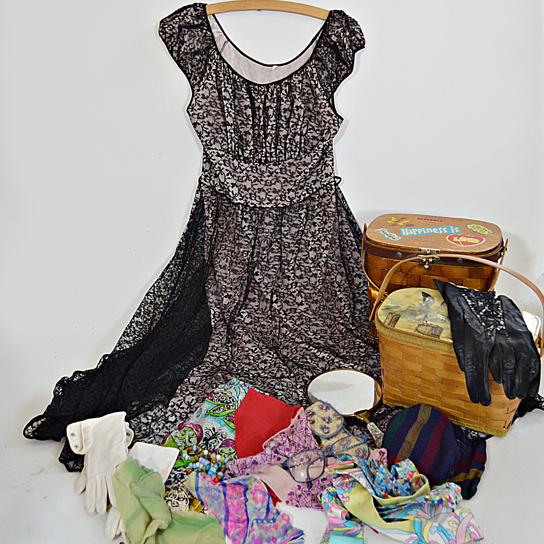 Vintage Women's Black Lace Gown, Basket Purses, Scarves, Gloves and Sunglasses