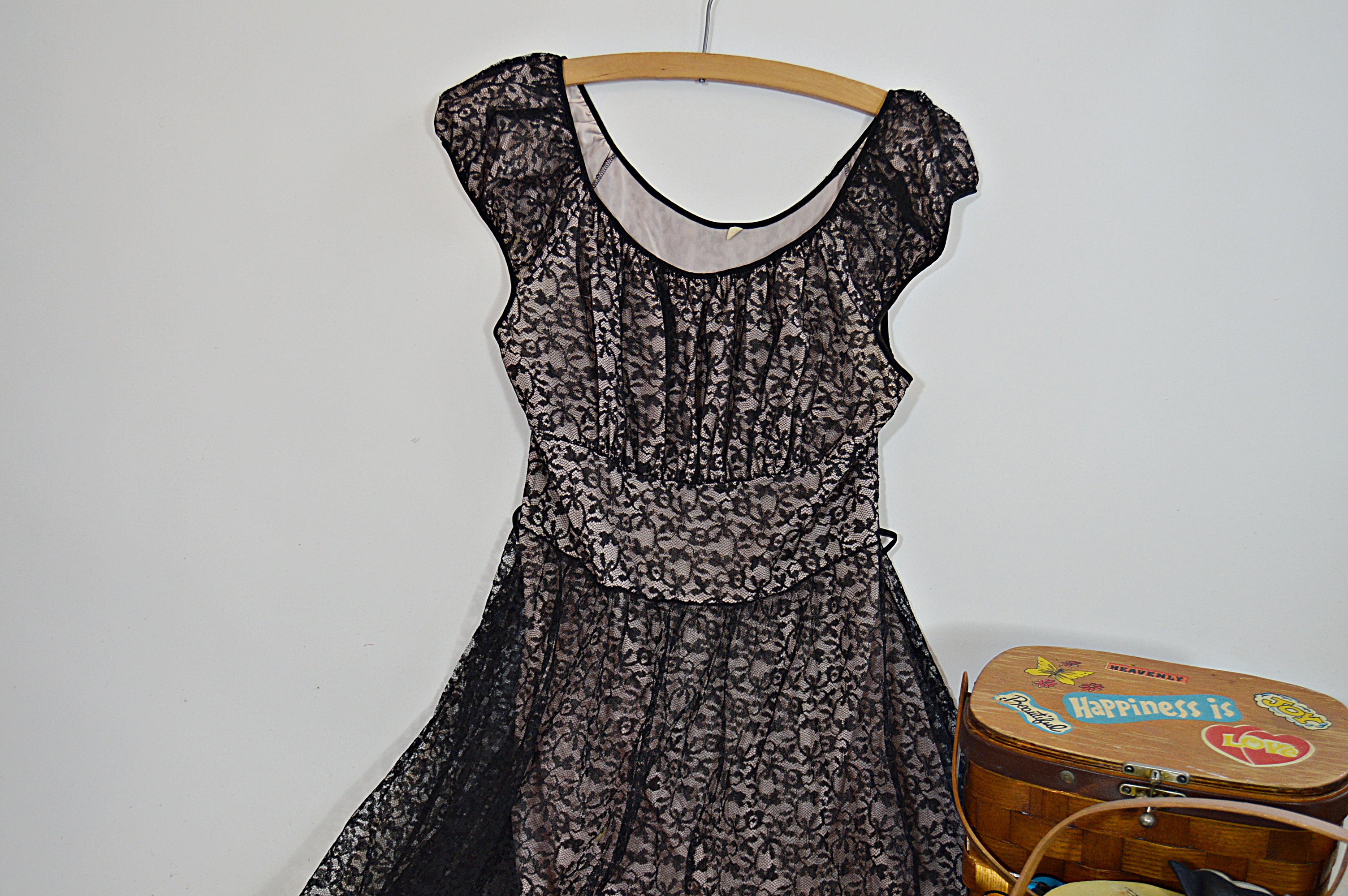 Vintage Women's Black Lace Gown, Basket Purses, Scarves, Gloves and Sunglasses