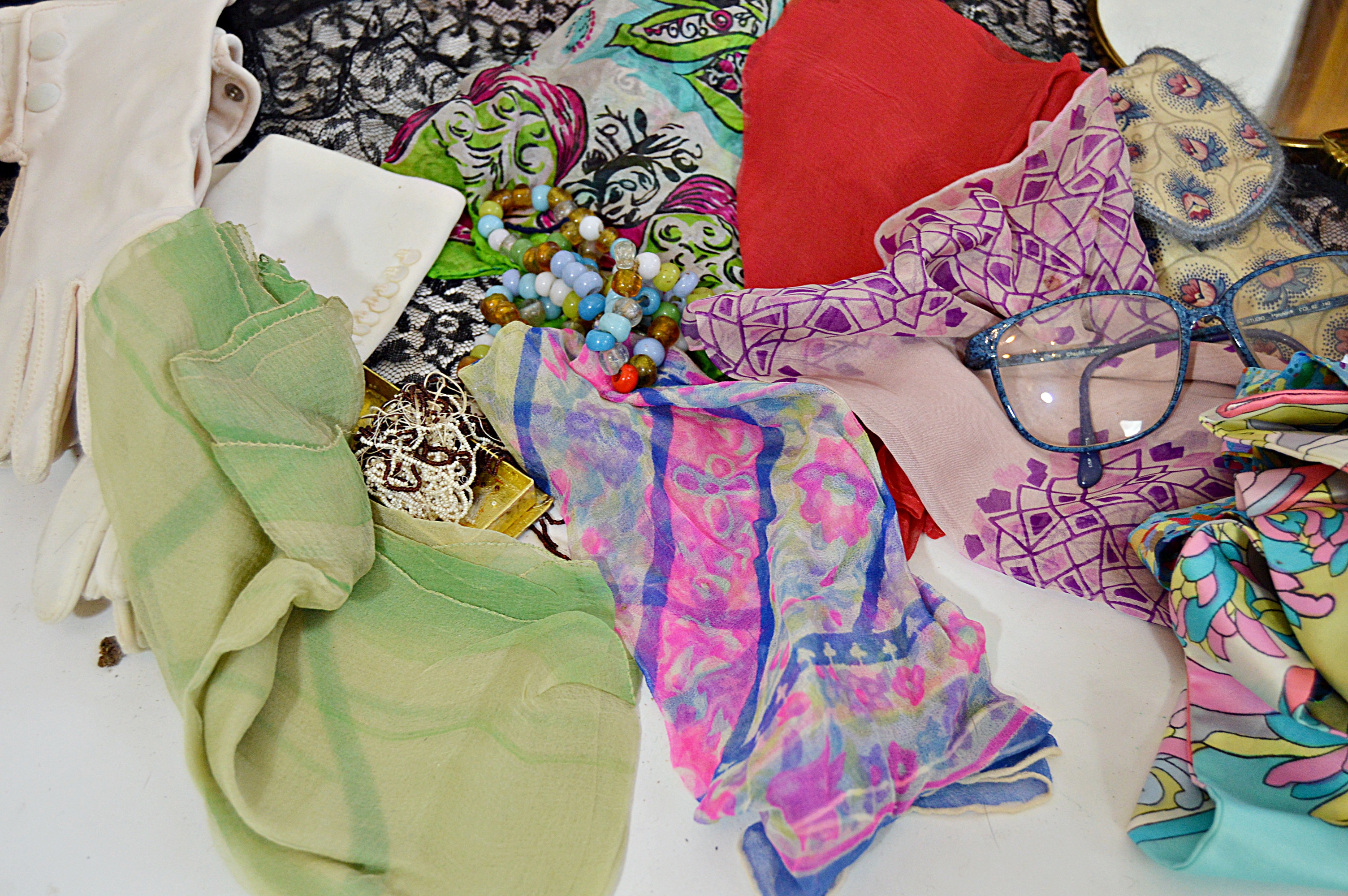 Vintage Women's Black Lace Gown, Basket Purses, Scarves, Gloves and Sunglasses