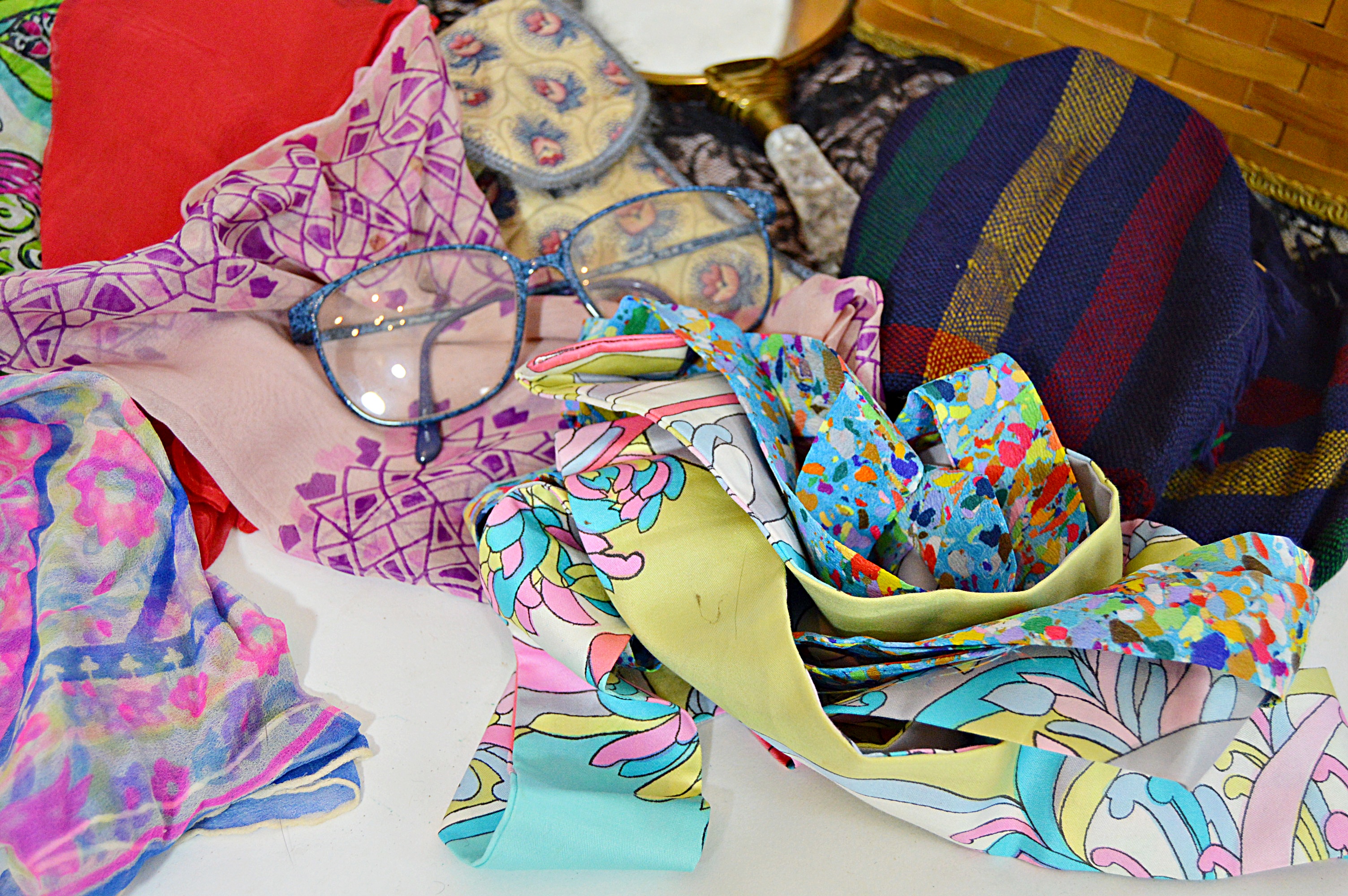 Vintage Women's Black Lace Gown, Basket Purses, Scarves, Gloves and Sunglasses