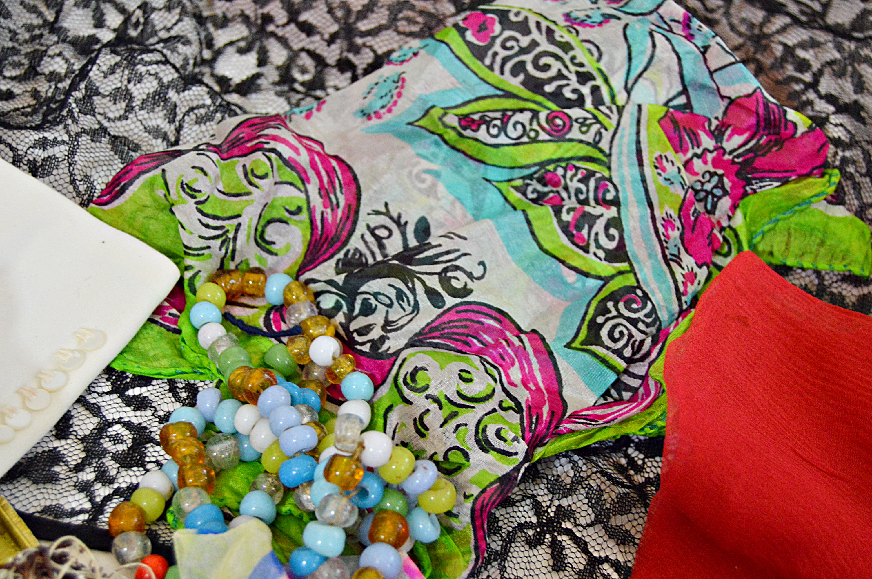 Vintage Women's Black Lace Gown, Basket Purses, Scarves, Gloves and Sunglasses