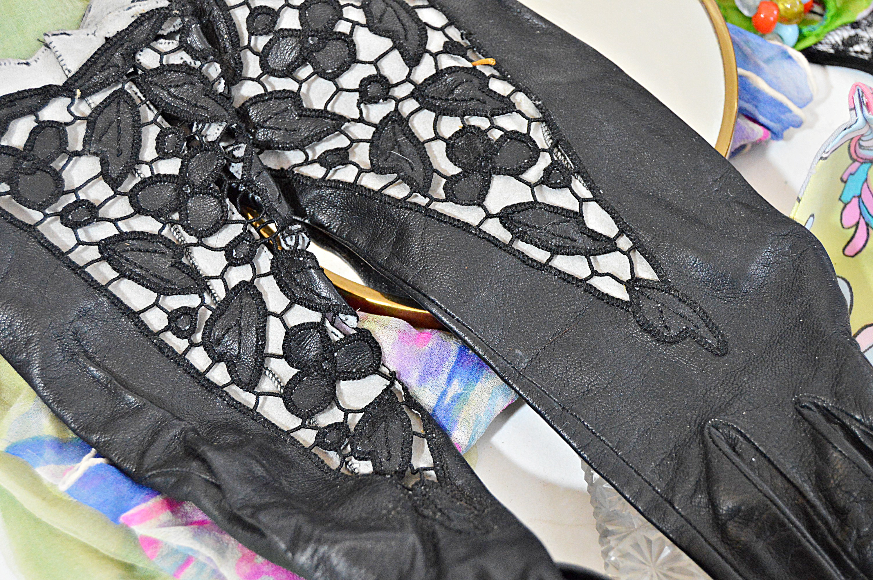 Vintage Women's Black Lace Gown, Basket Purses, Scarves, Gloves and Sunglasses