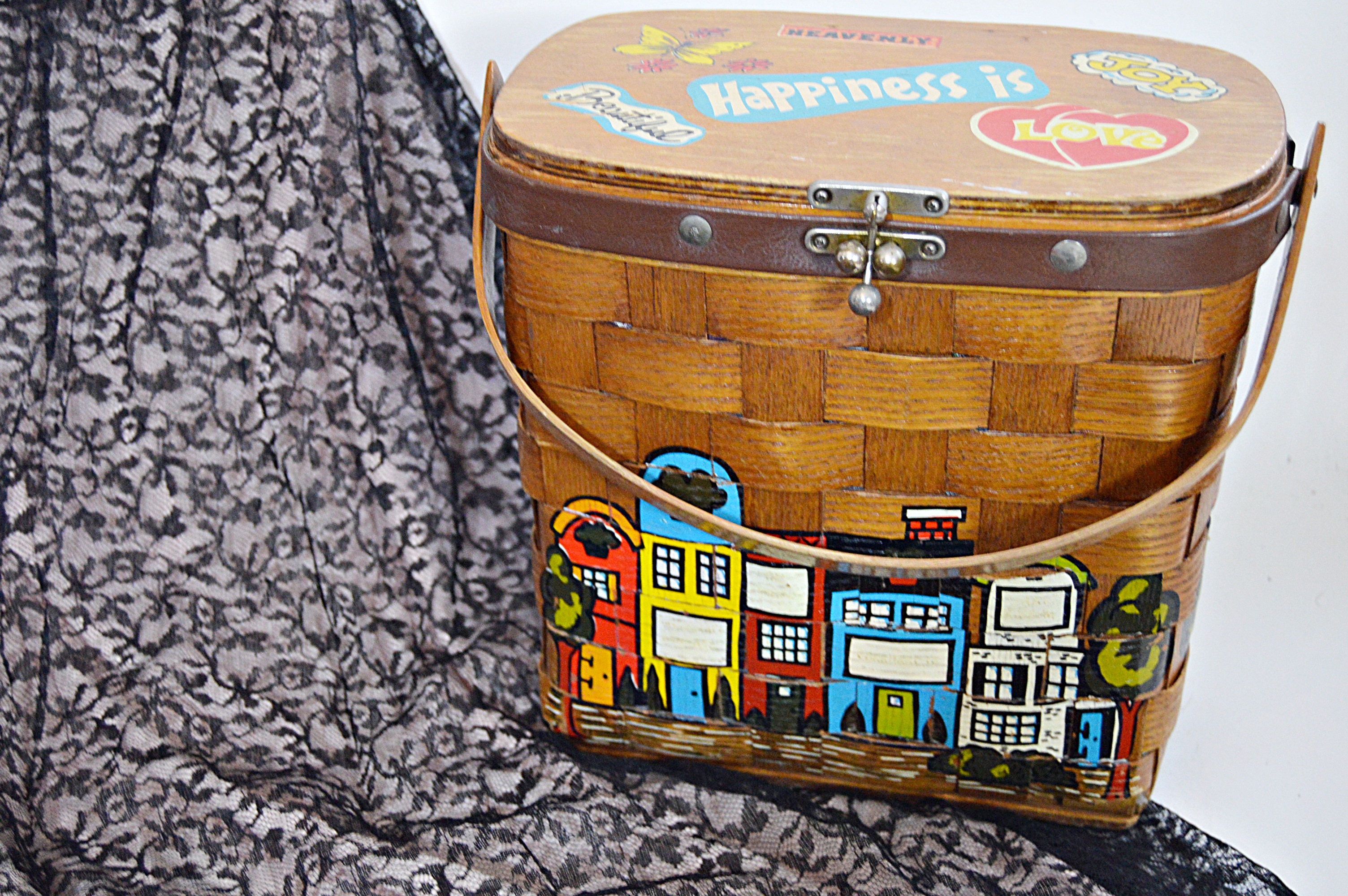 Vintage Women's Black Lace Gown, Basket Purses, Scarves, Gloves and Sunglasses