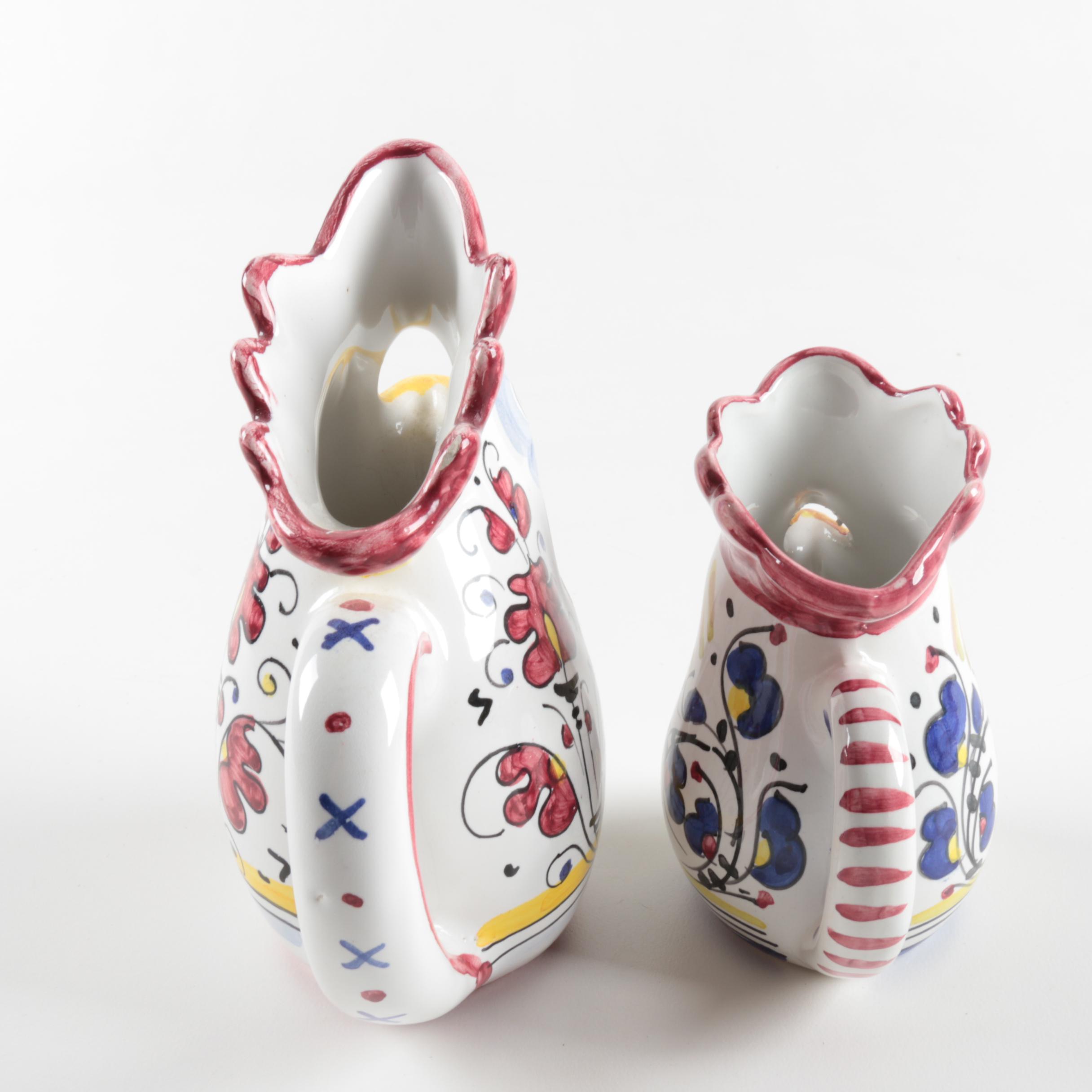 Italian Faïence Ceramic Deruta Rooster Jugs