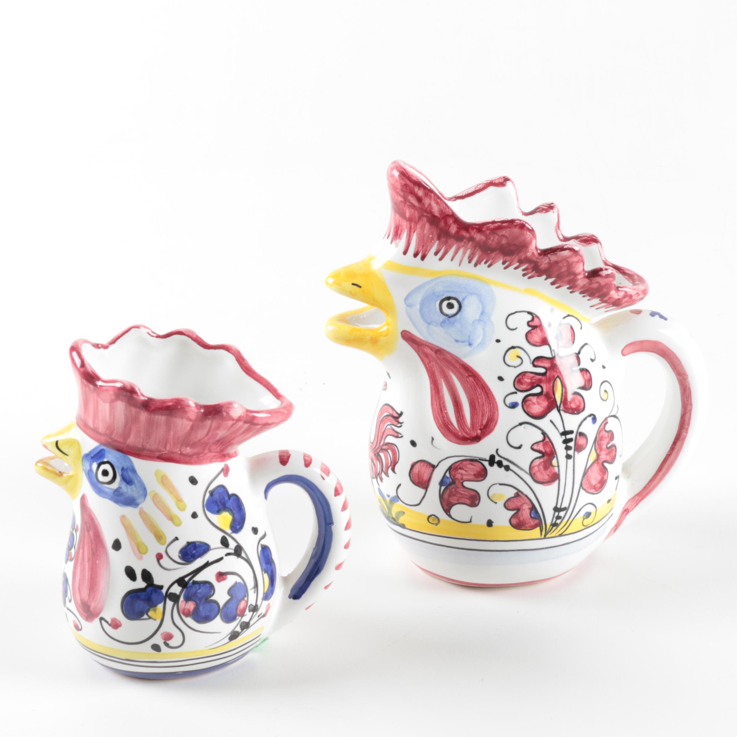 Italian Faïence Ceramic Deruta Rooster Jugs