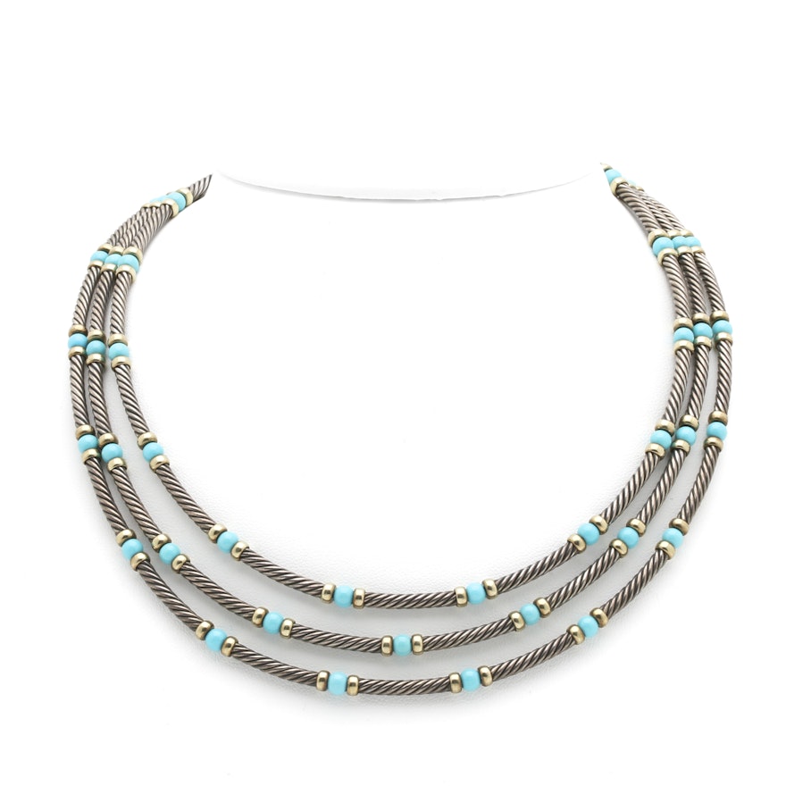 David Yurman Sterling Silver Turquoise Necklace with 14K Yellow Gold Accents