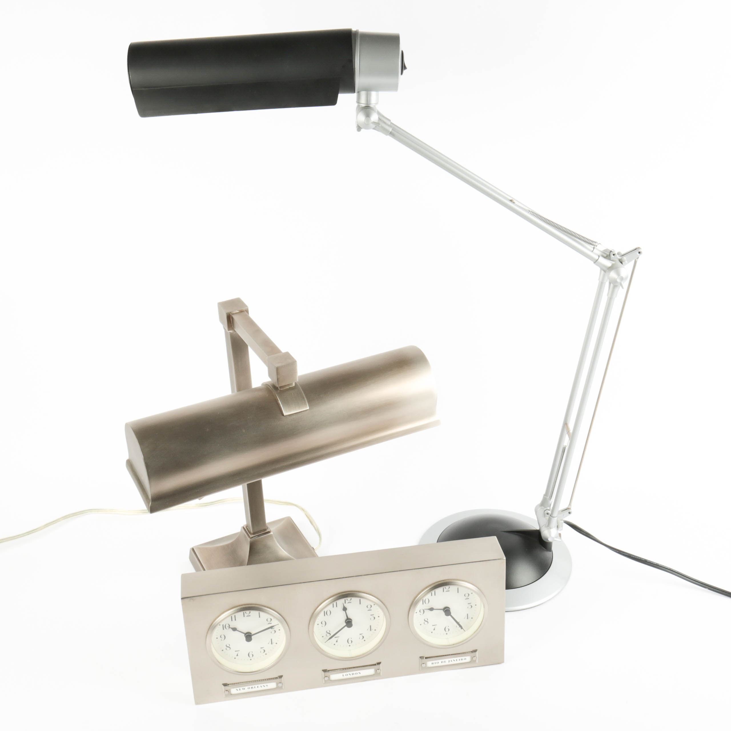 Pottery Barn Office Clock and Metal Desk Lamps