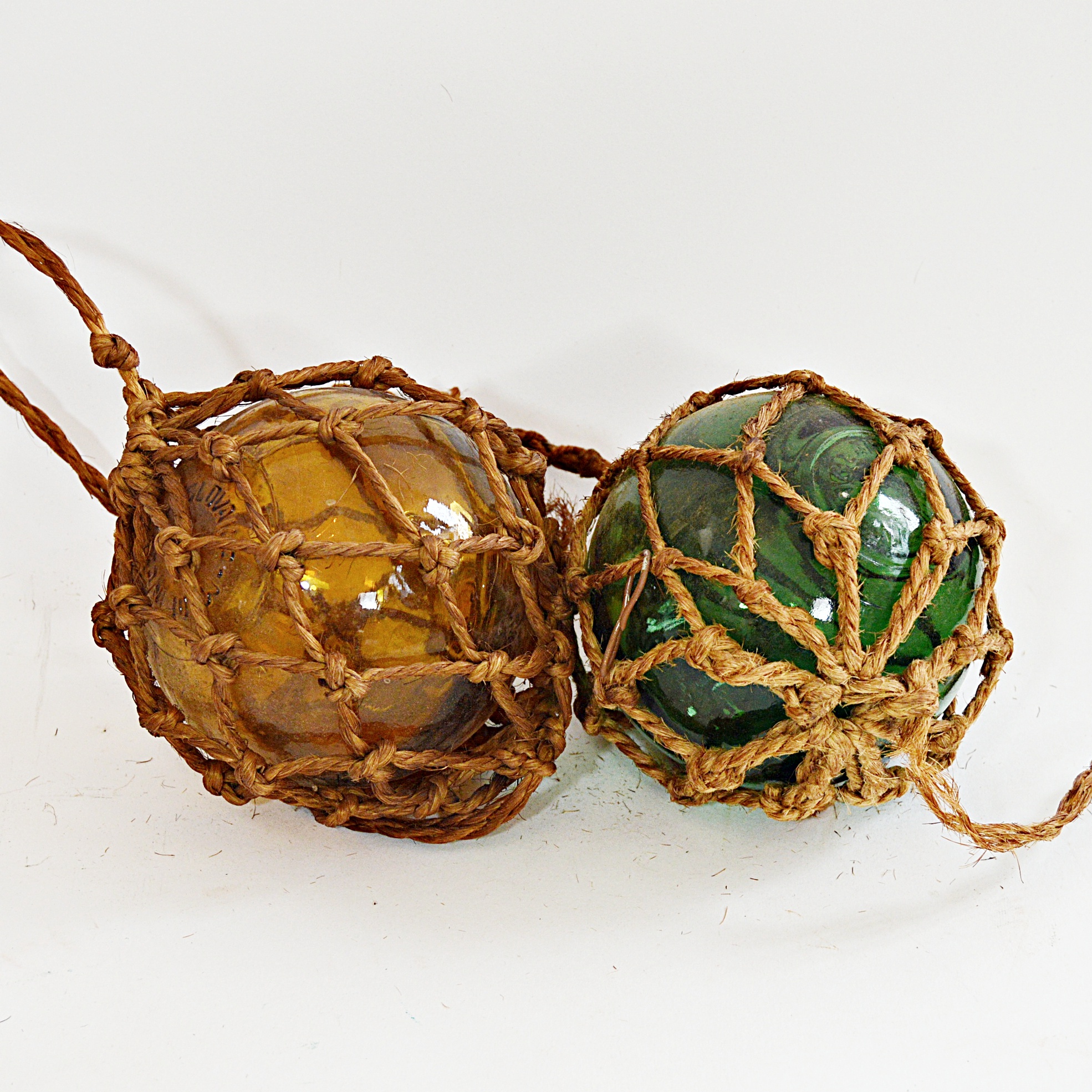 Vintage Czechoslovakian Handblown Glass Fishing Floats with Rope Baskets