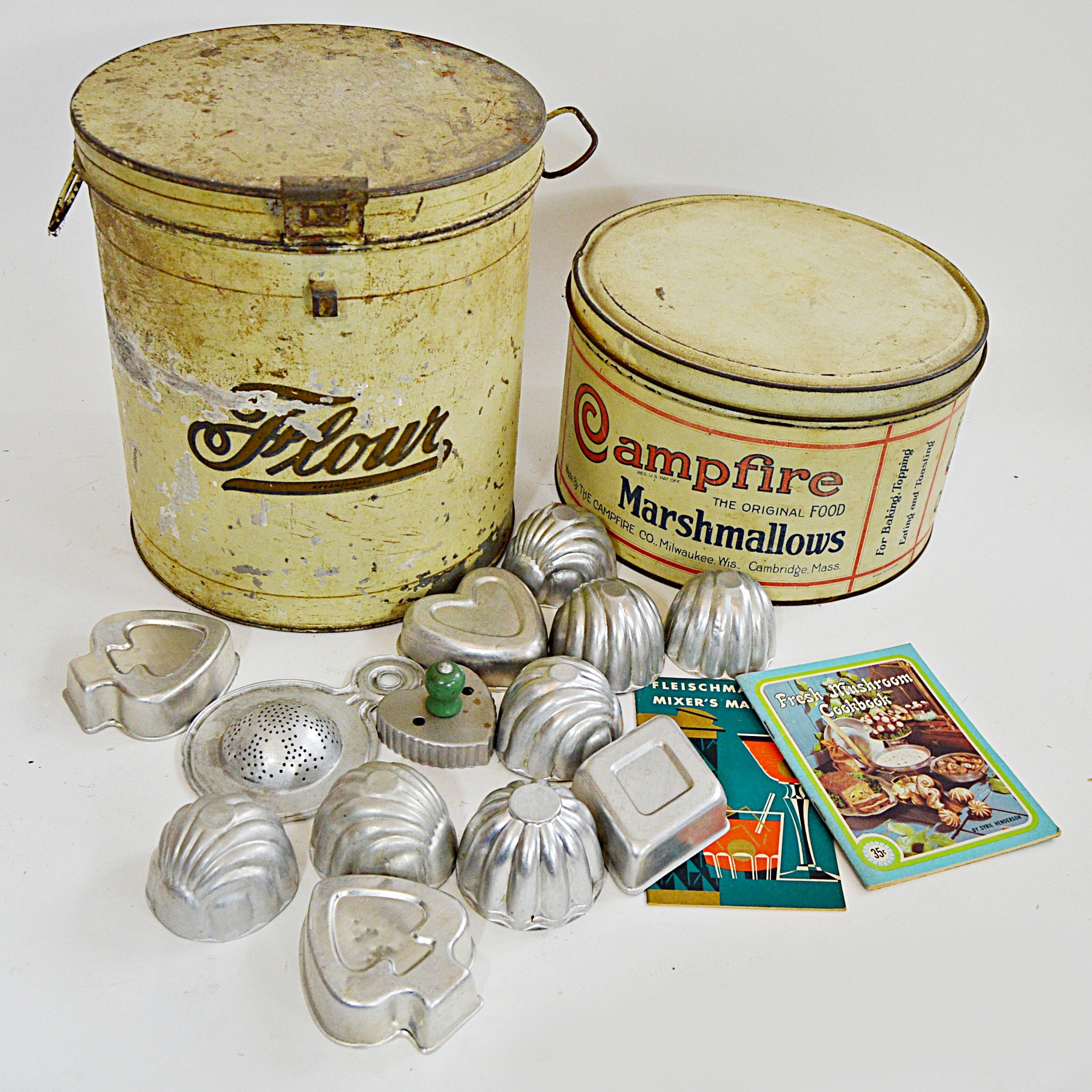 Vintage Tins, Aluminum Jello Molds, Cookie Cutters, Cocktail Booklet