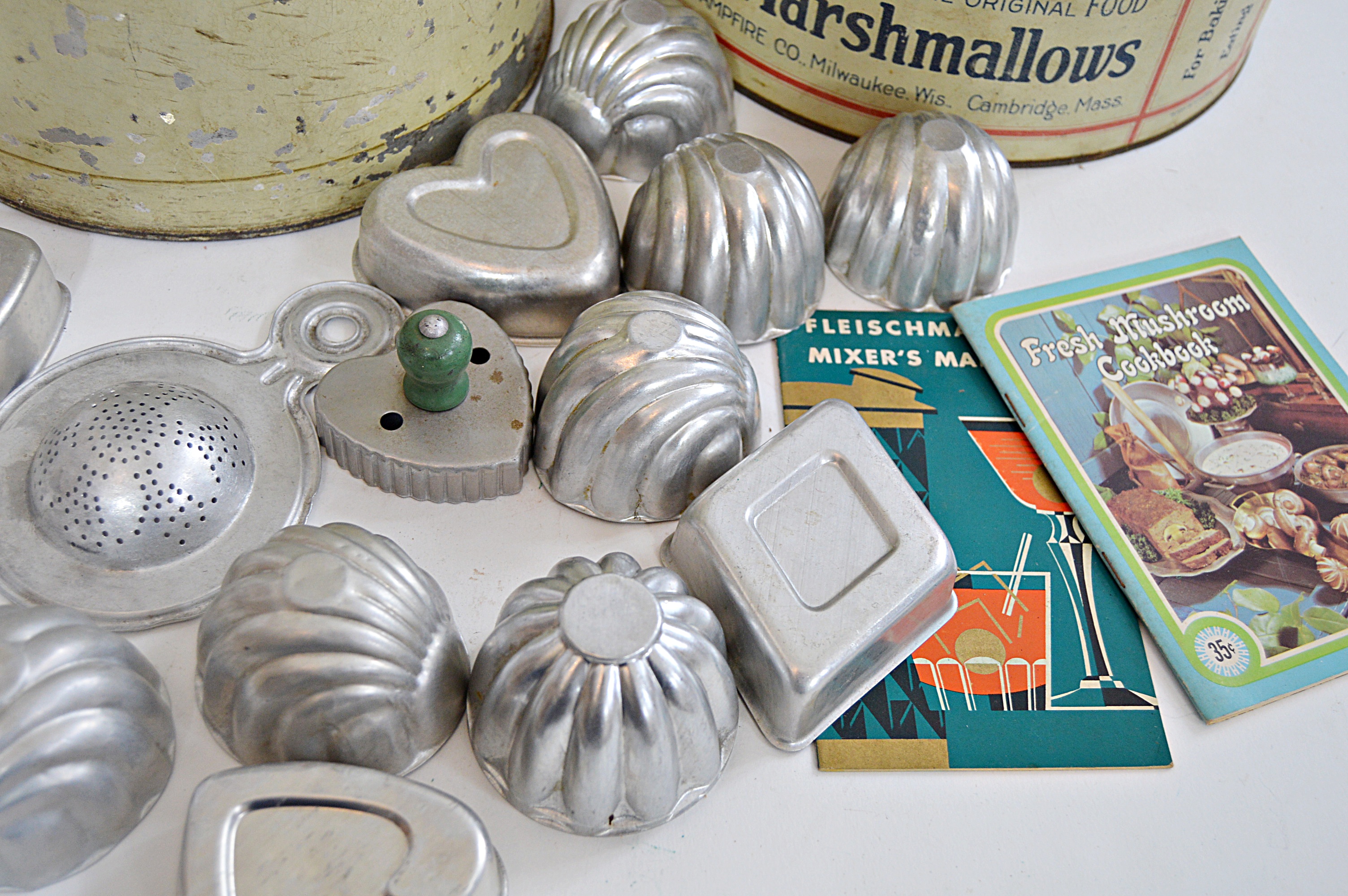 Vintage Tins, Aluminum Jello Molds, Cookie Cutters, Cocktail Booklet