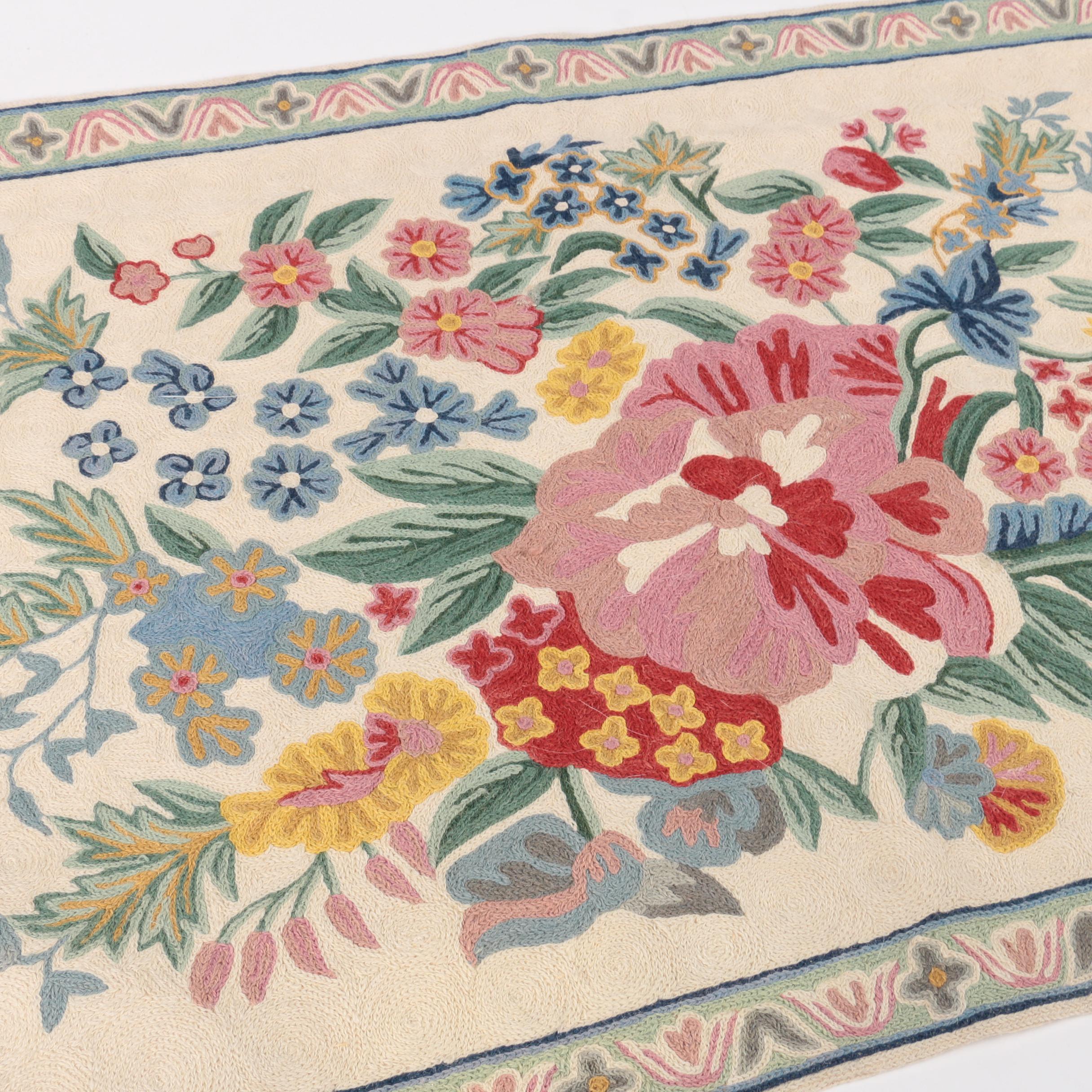 Crewel Work Floral Accent Rug