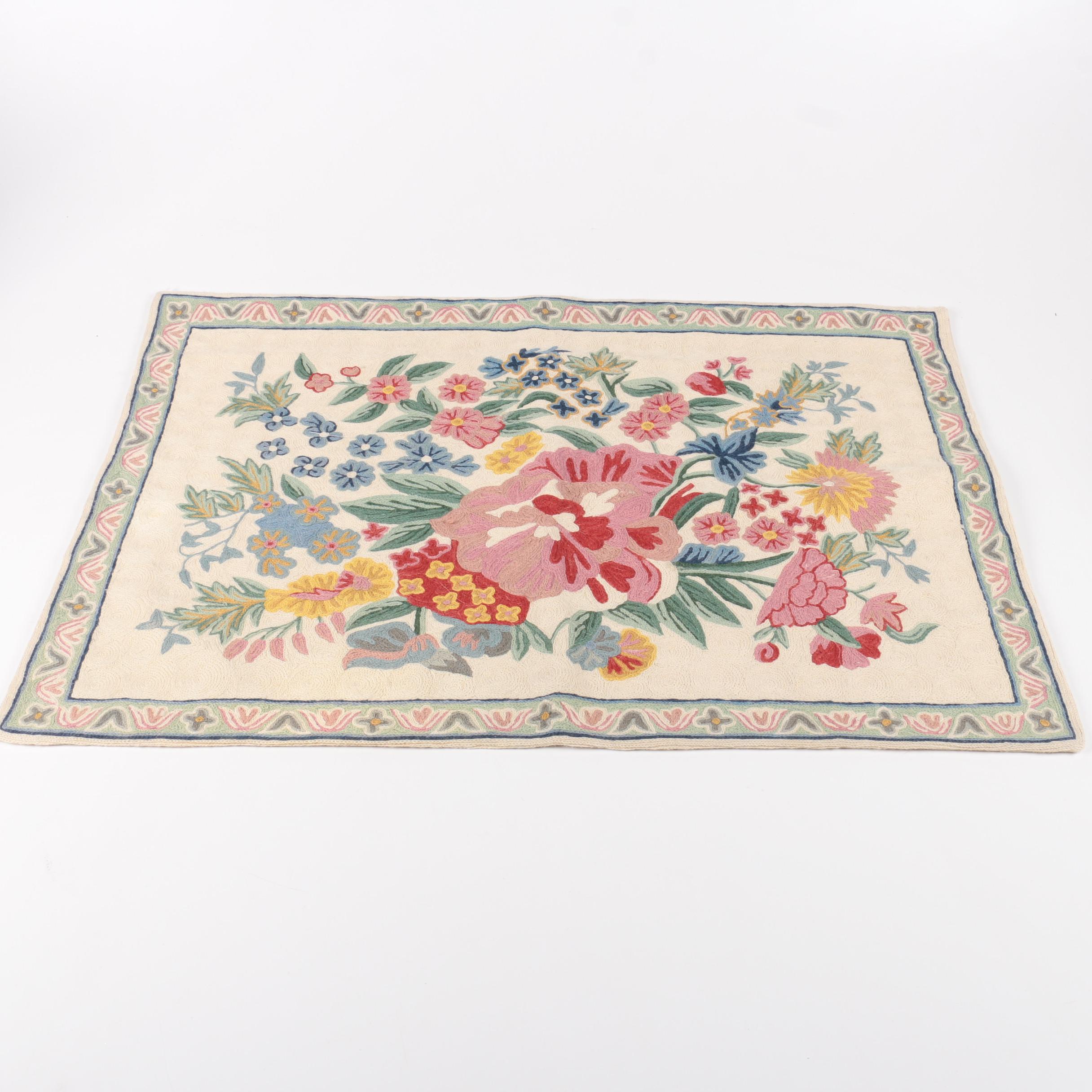Crewel Work Floral Accent Rug