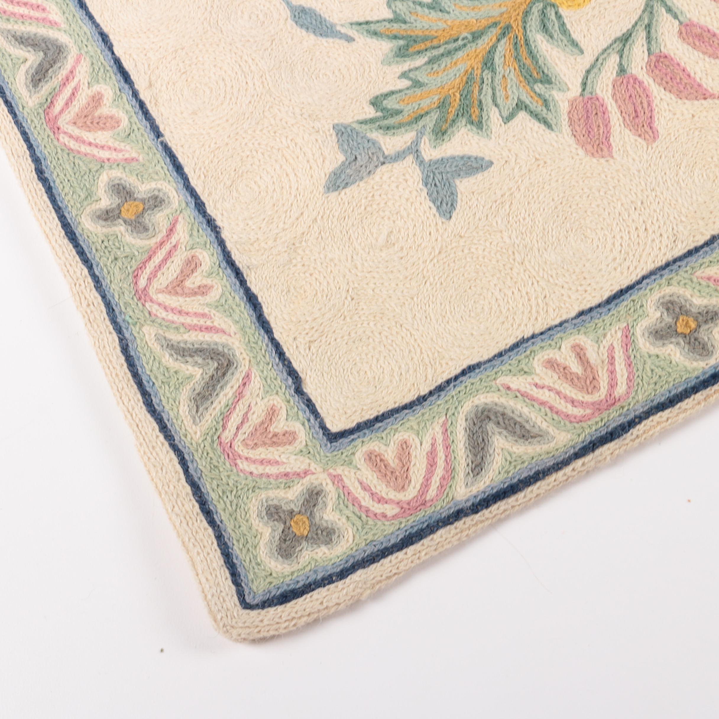 Crewel Work Floral Accent Rug