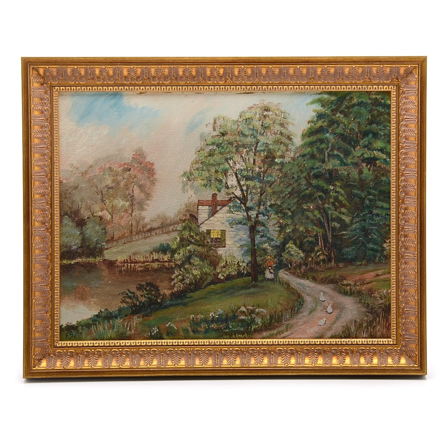 Signed Vintage Oil Painting on Canvas of Pastoral Scene
