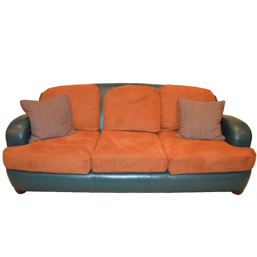 Teal Leather Sofa by Ethan Allen with Sienna Suede Cushions