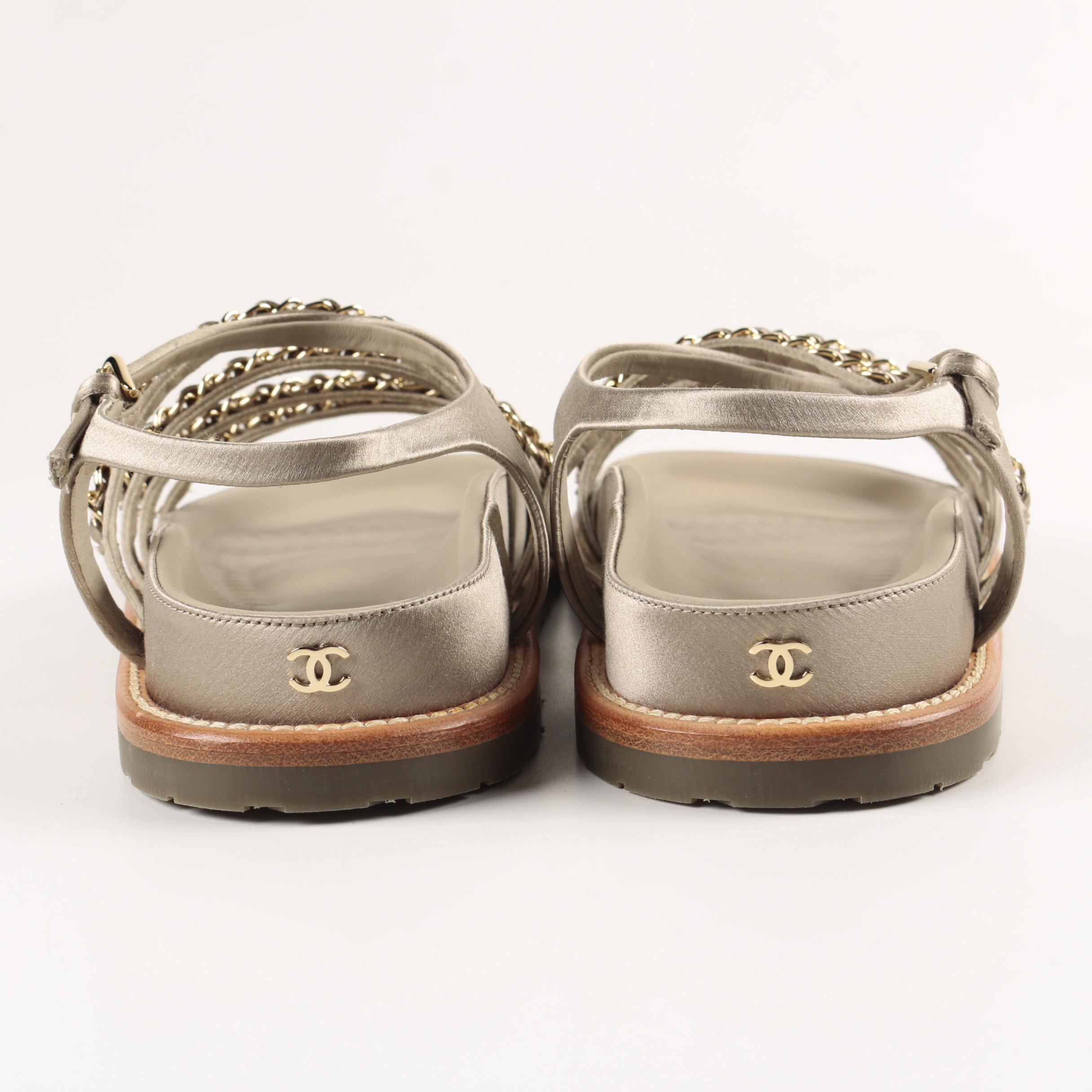 Chanel Beige Leather Chain Strap Sandals