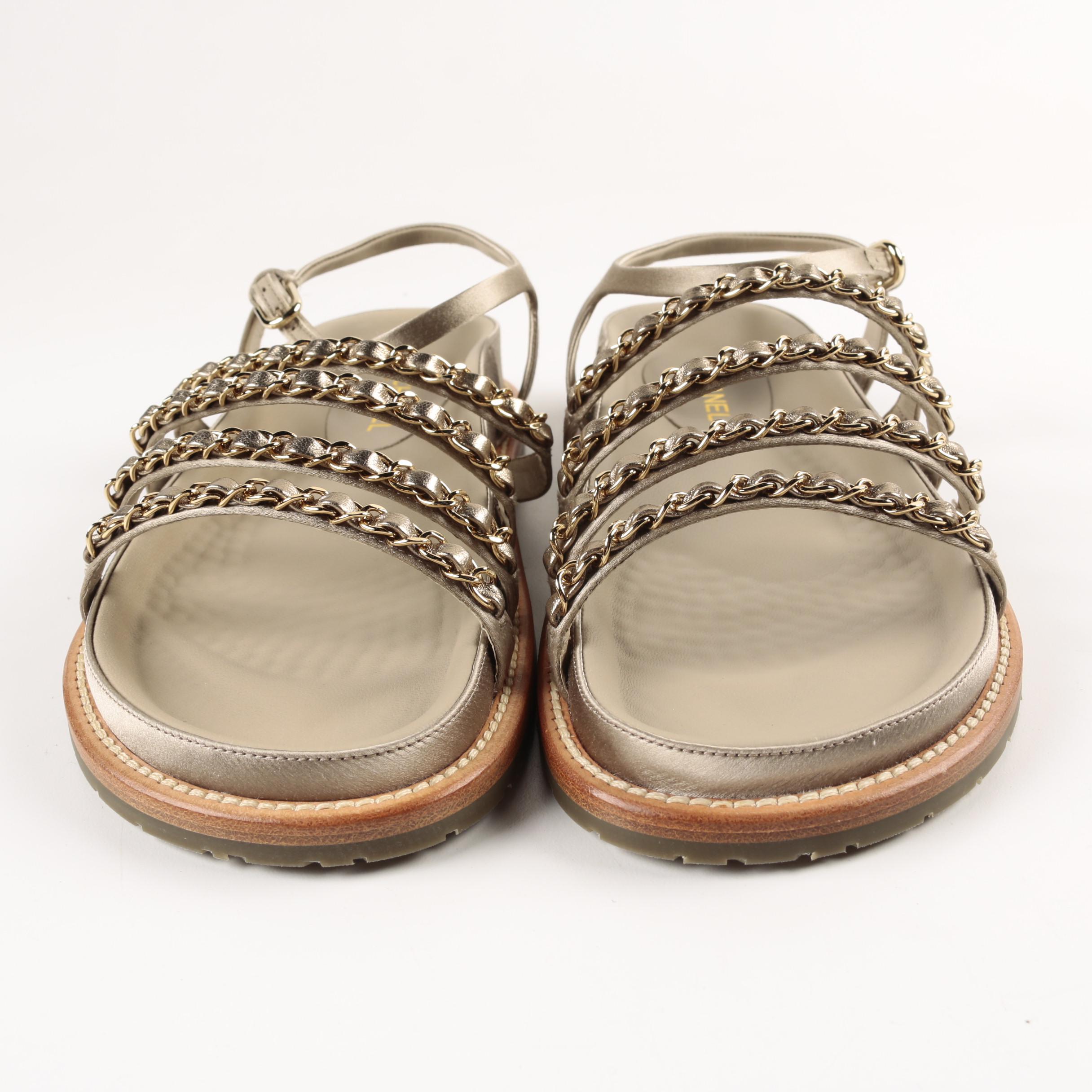 Chanel Beige Leather Chain Strap Sandals