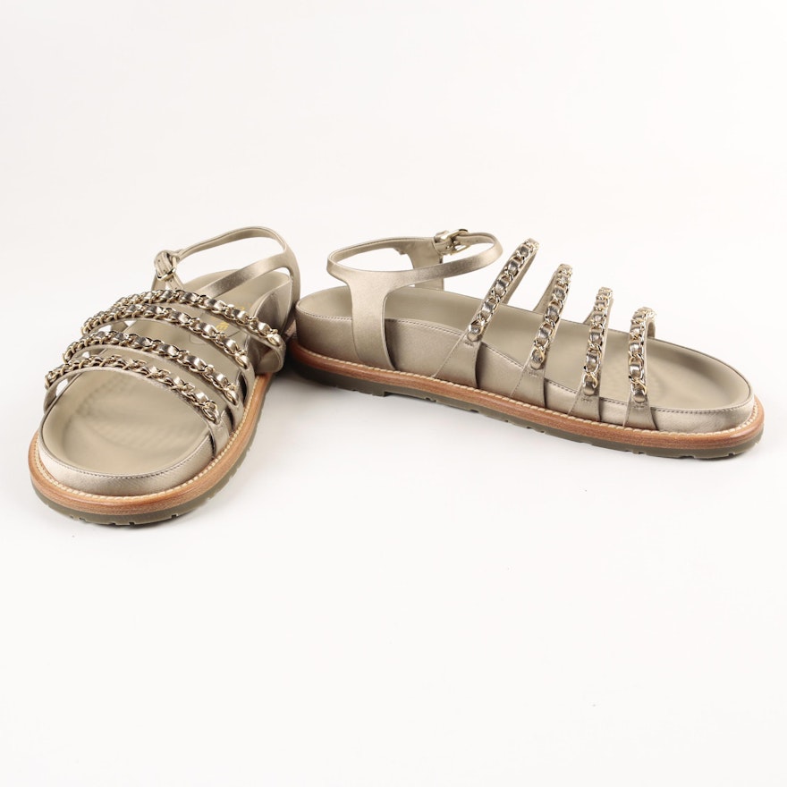 Chanel Beige Leather Chain Strap Sandals