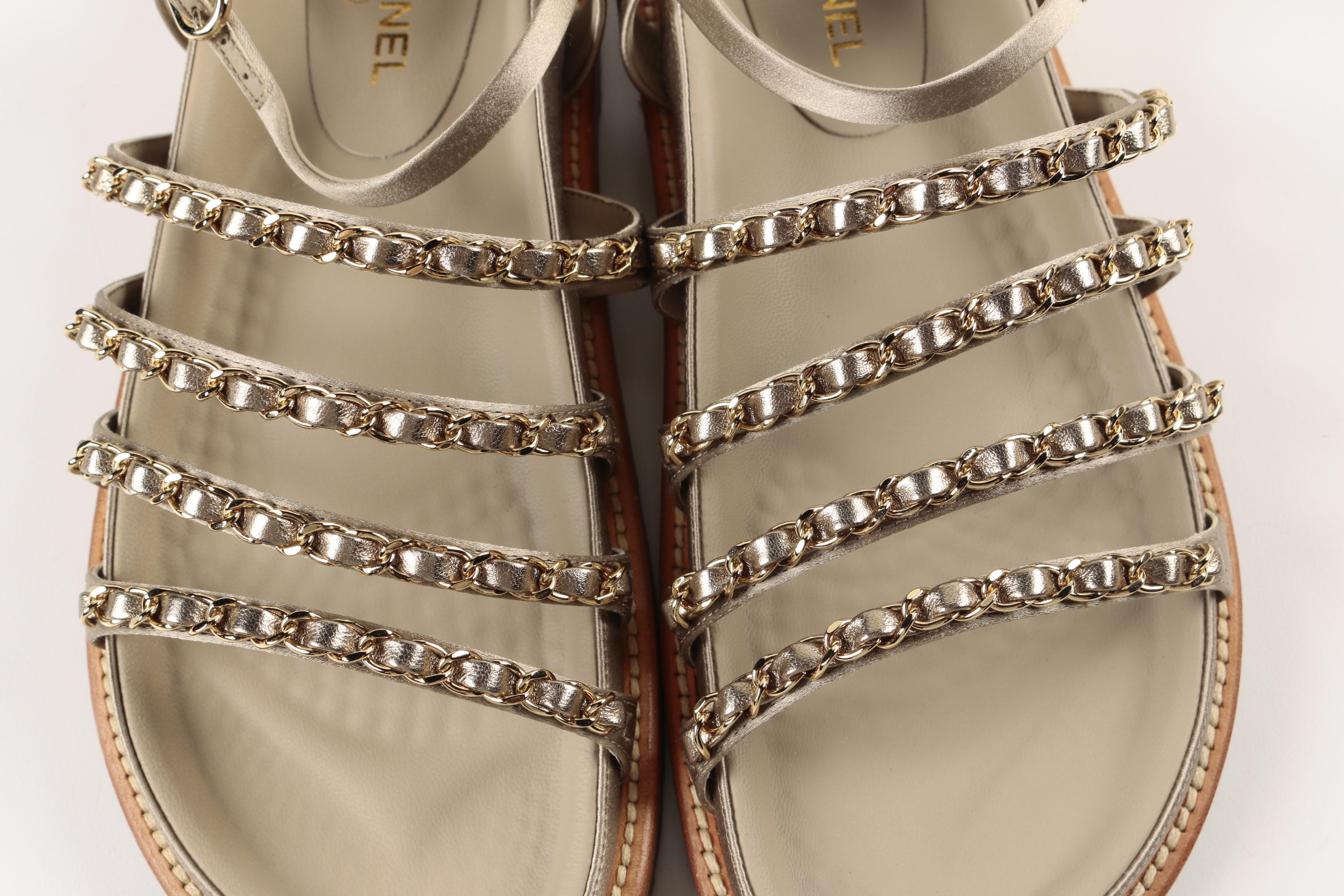 Chanel Beige Leather Chain Strap Sandals
