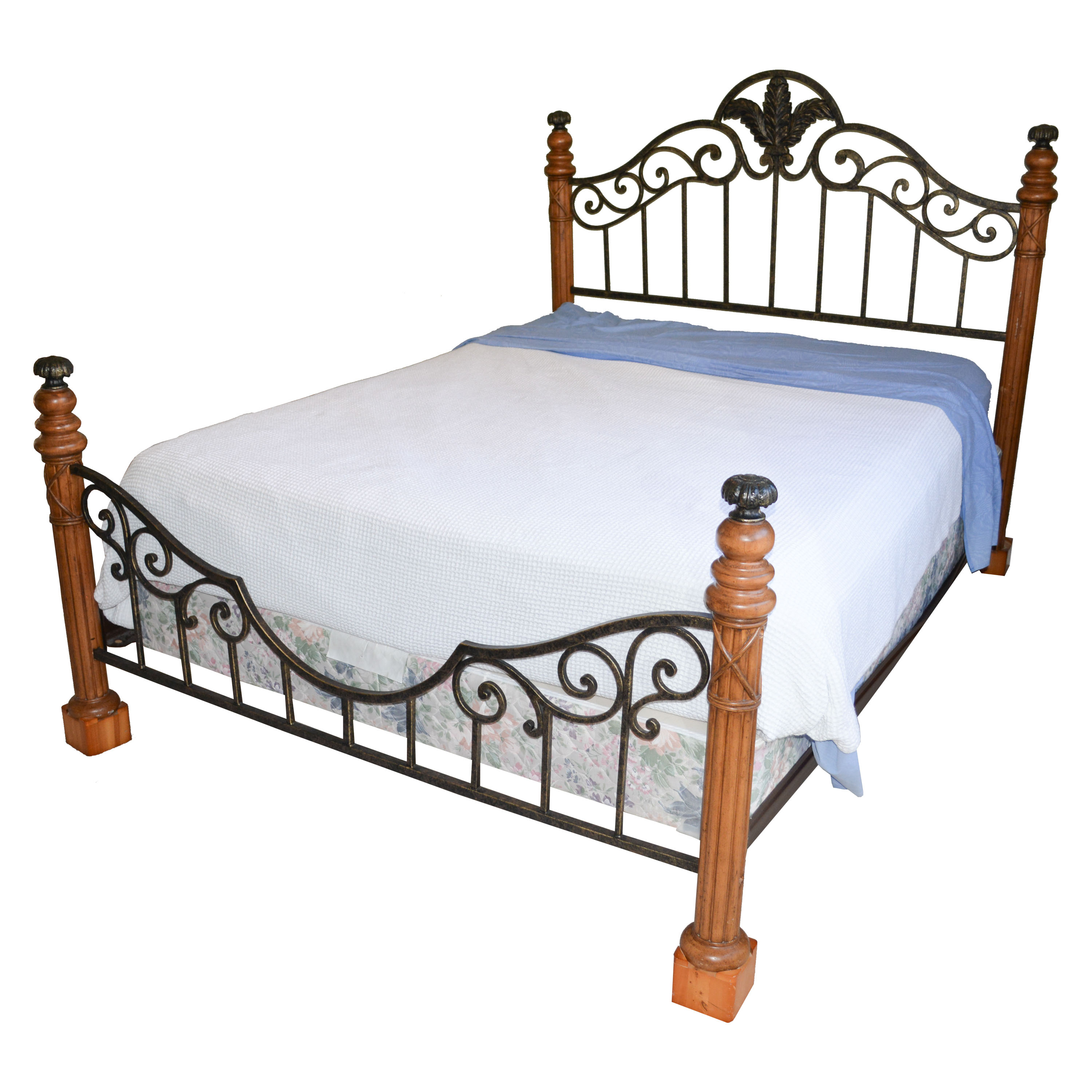Contemporary Maple and Wrought Iron Queen-Size Bed Frame