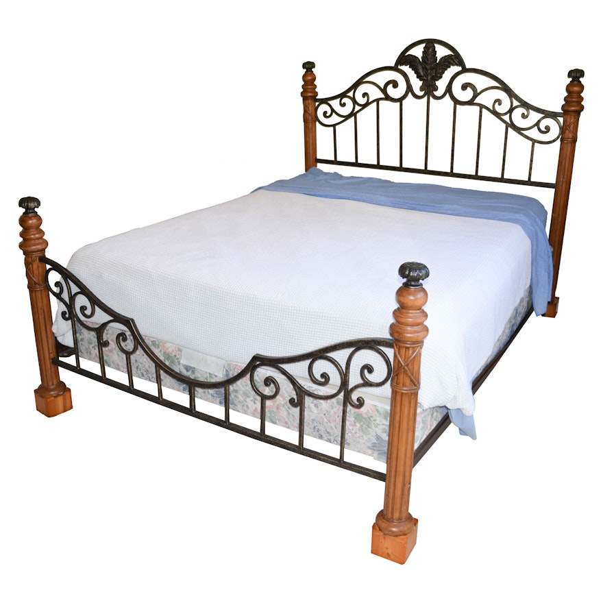 Contemporary Maple and Wrought Iron Queen-Size Bed Frame