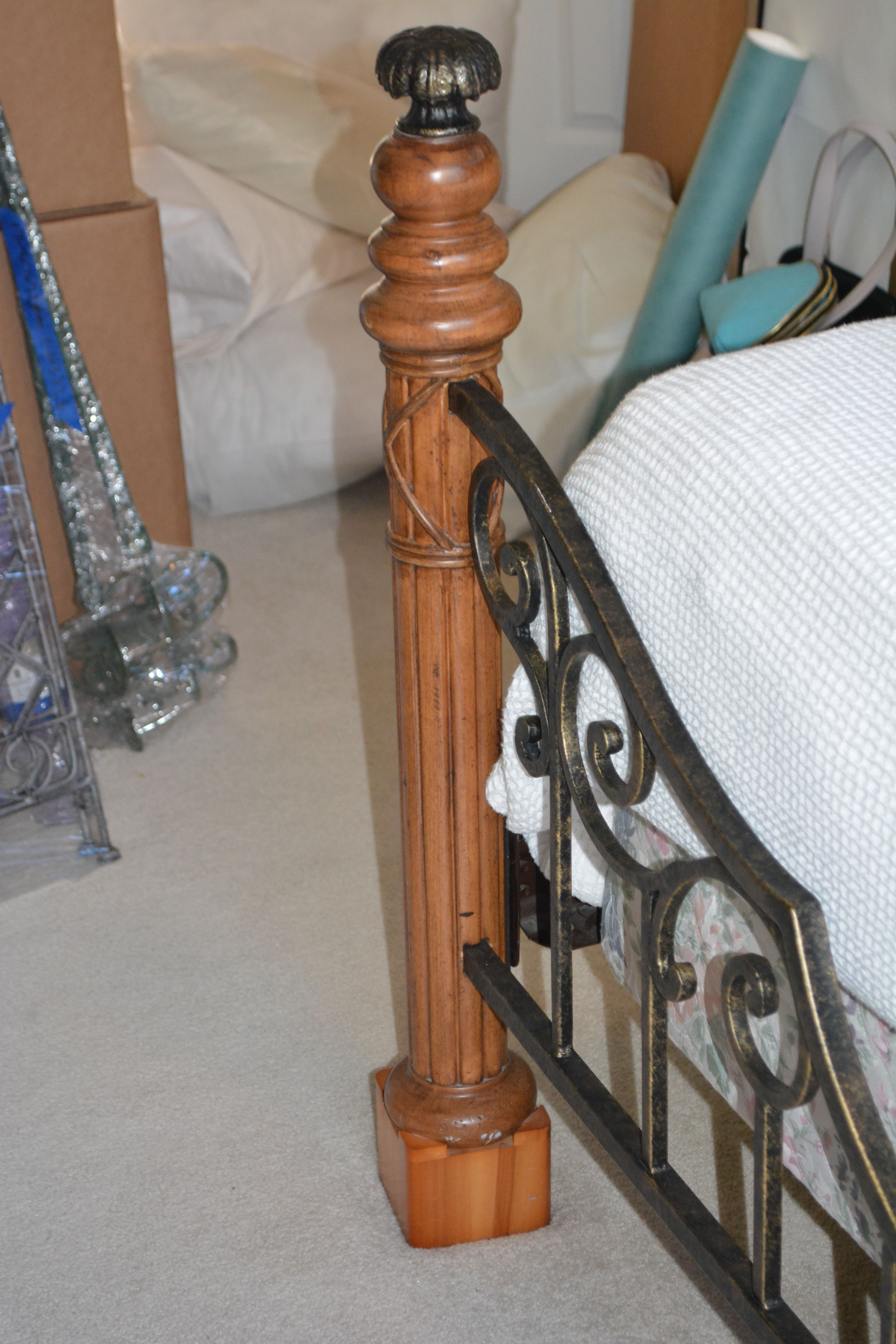 Contemporary Maple and Wrought Iron Queen-Size Bed Frame