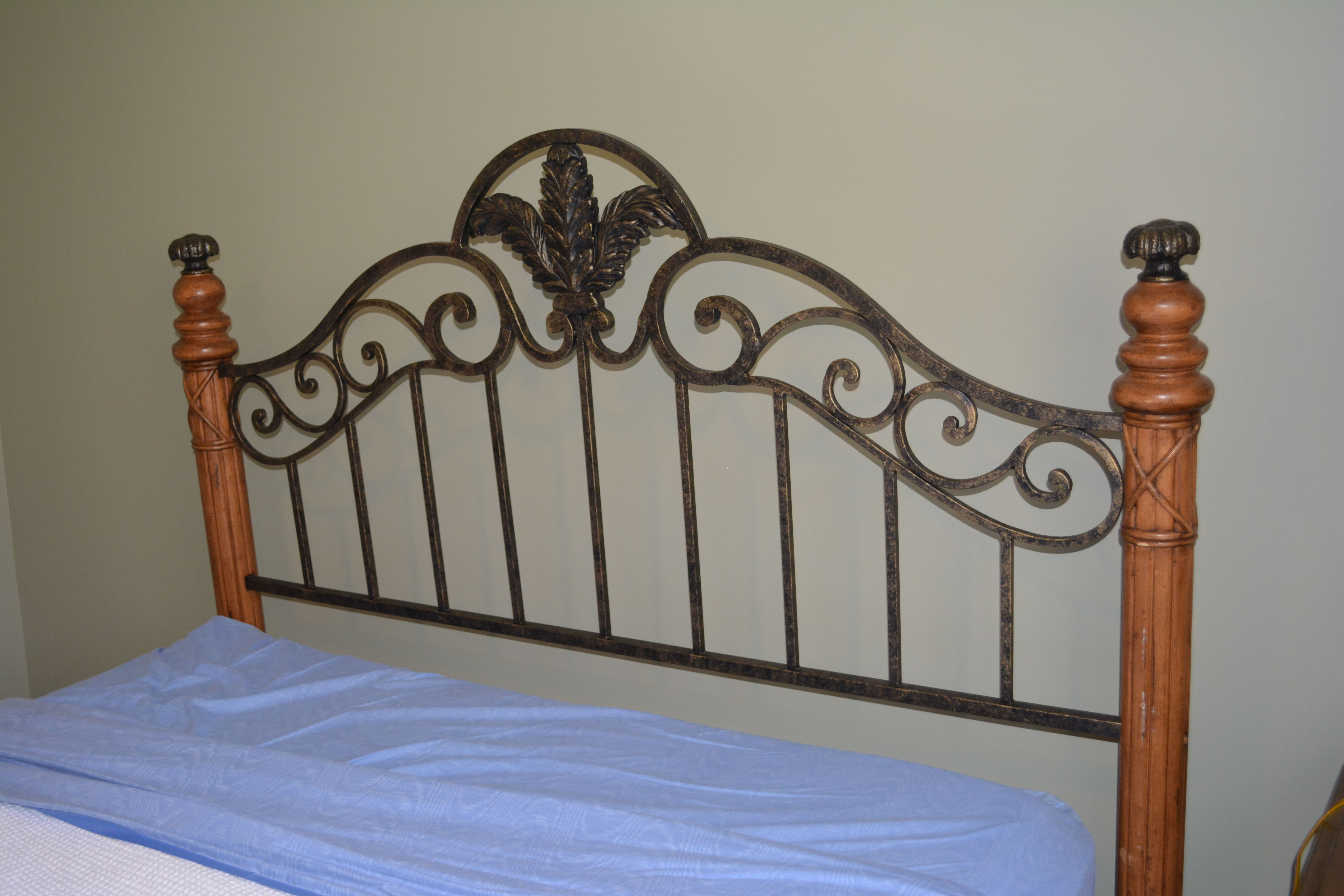 Contemporary Maple and Wrought Iron Queen-Size Bed Frame