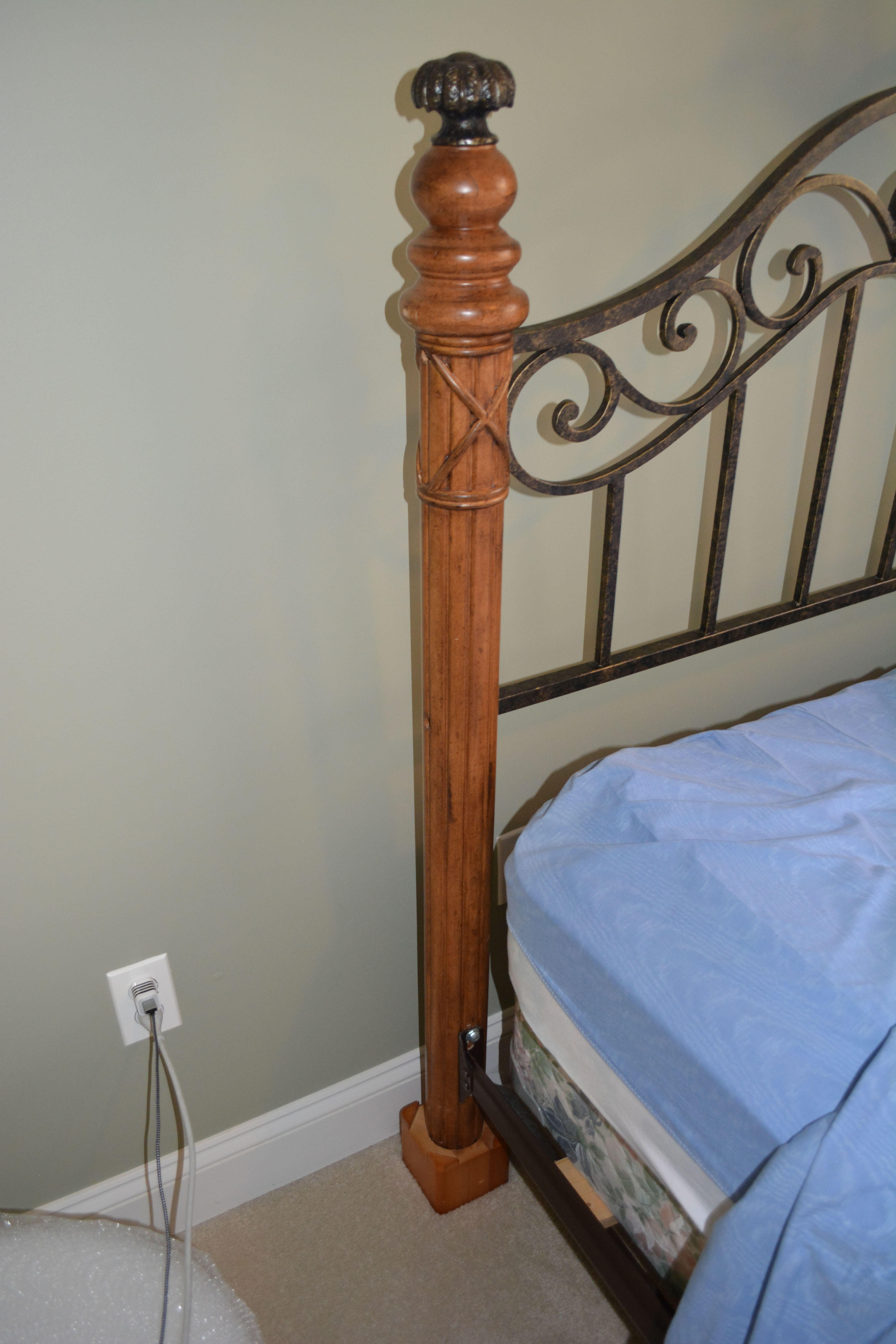 Contemporary Maple and Wrought Iron Queen-Size Bed Frame
