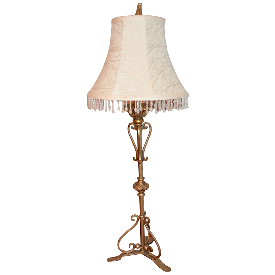Gold Tone Scroll Table Lamp with Beaded Shade