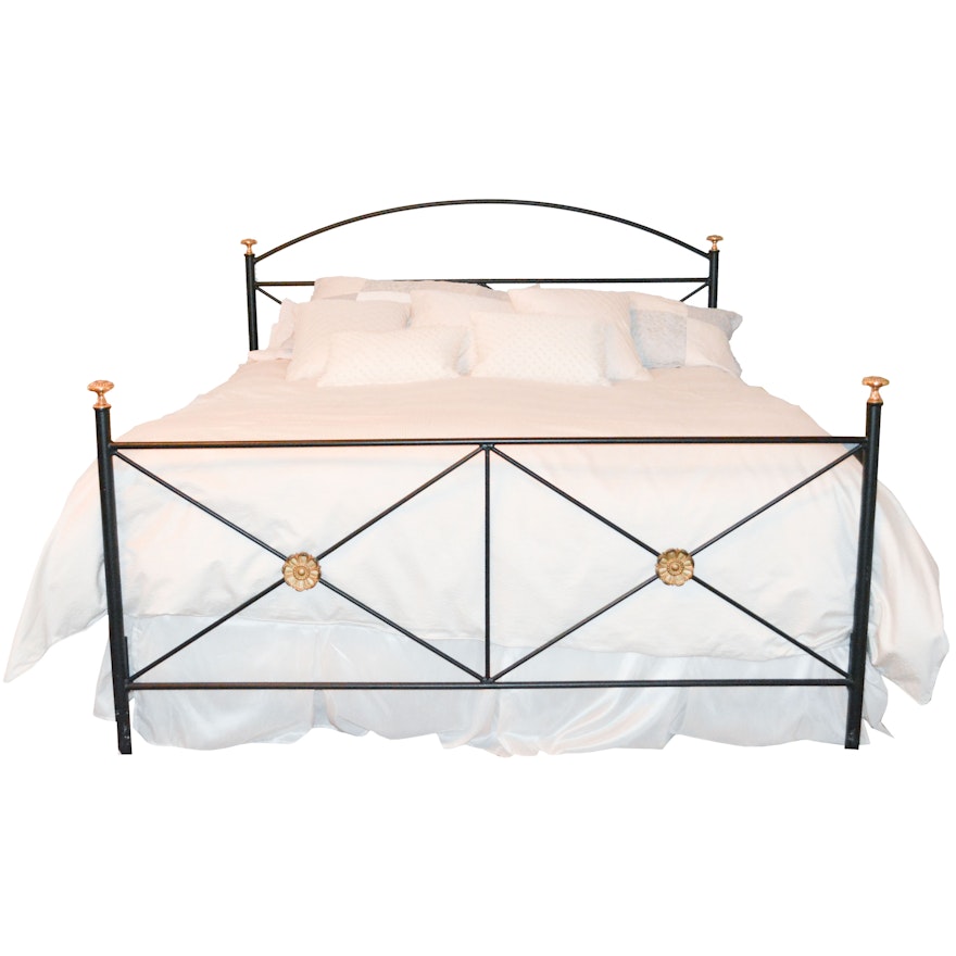 King Sized Black Metal Bed Frame with Gold Tone Accents